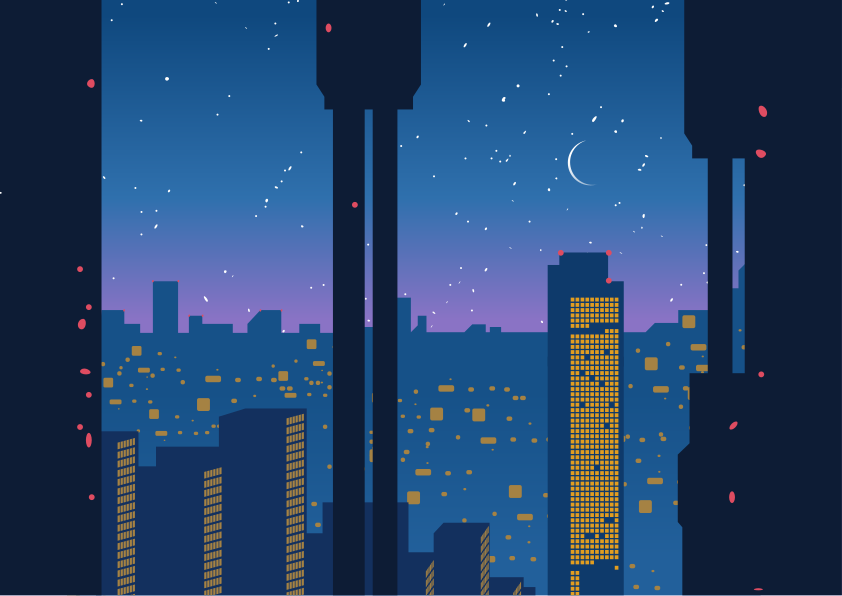 A stylized cityscape at night with a crescent moon.