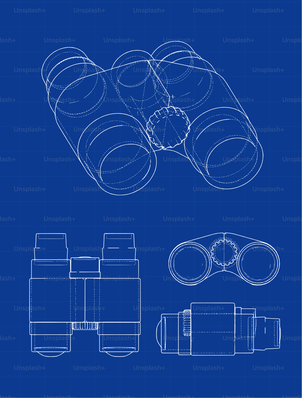 Blueprint of binoculars from multiple angles