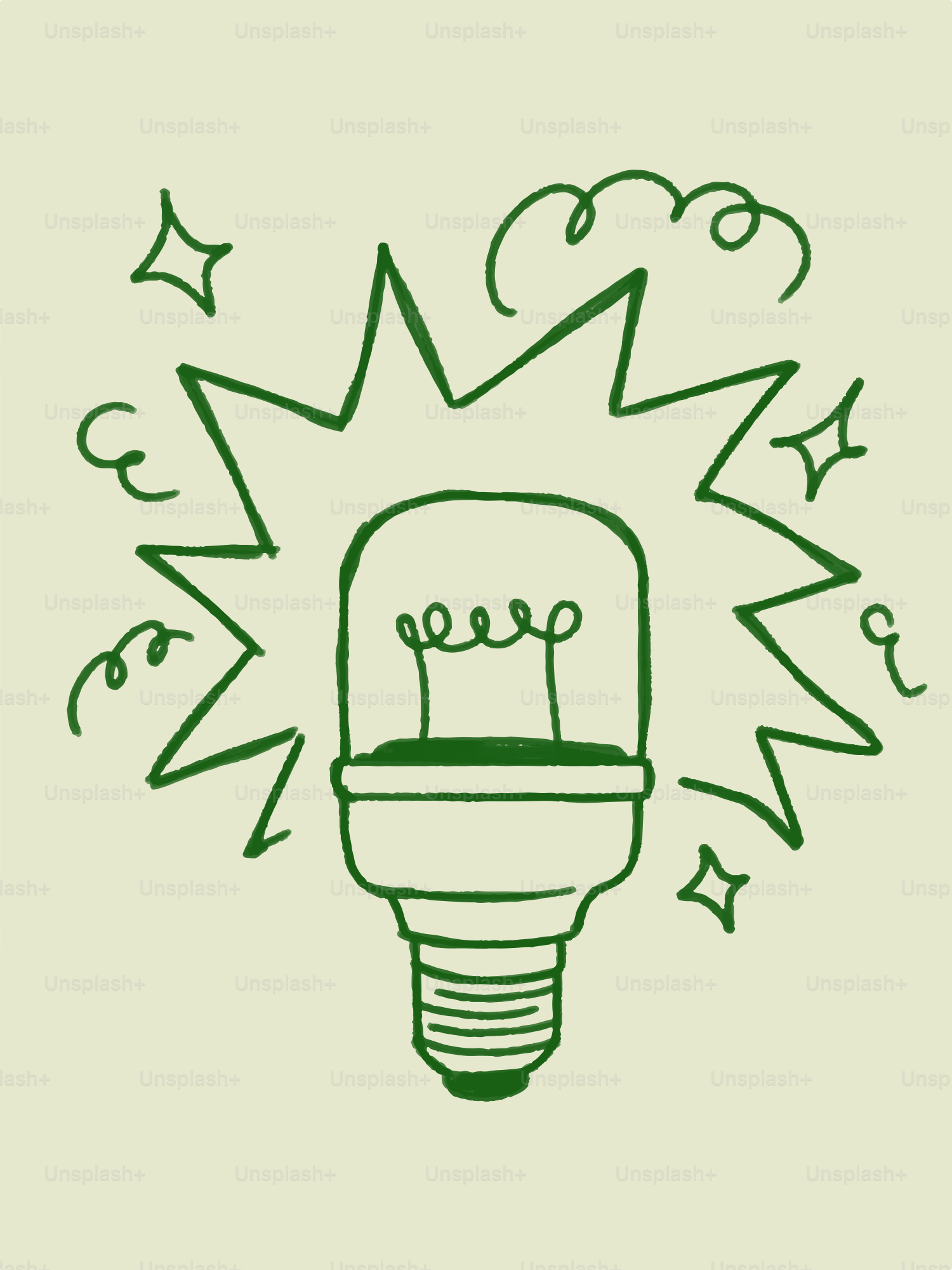 Un garabato verde de una bombilla con estrellas e idea