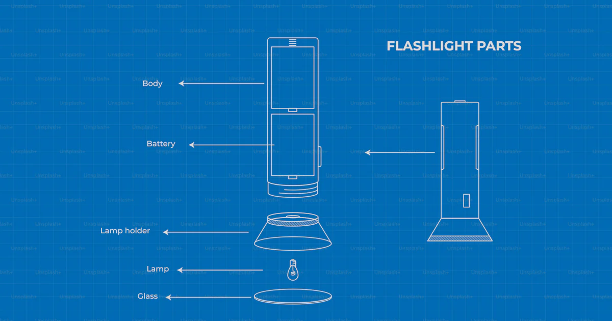 Flashlight Assembly Diagram showing flashlight parts on blue background vector ...