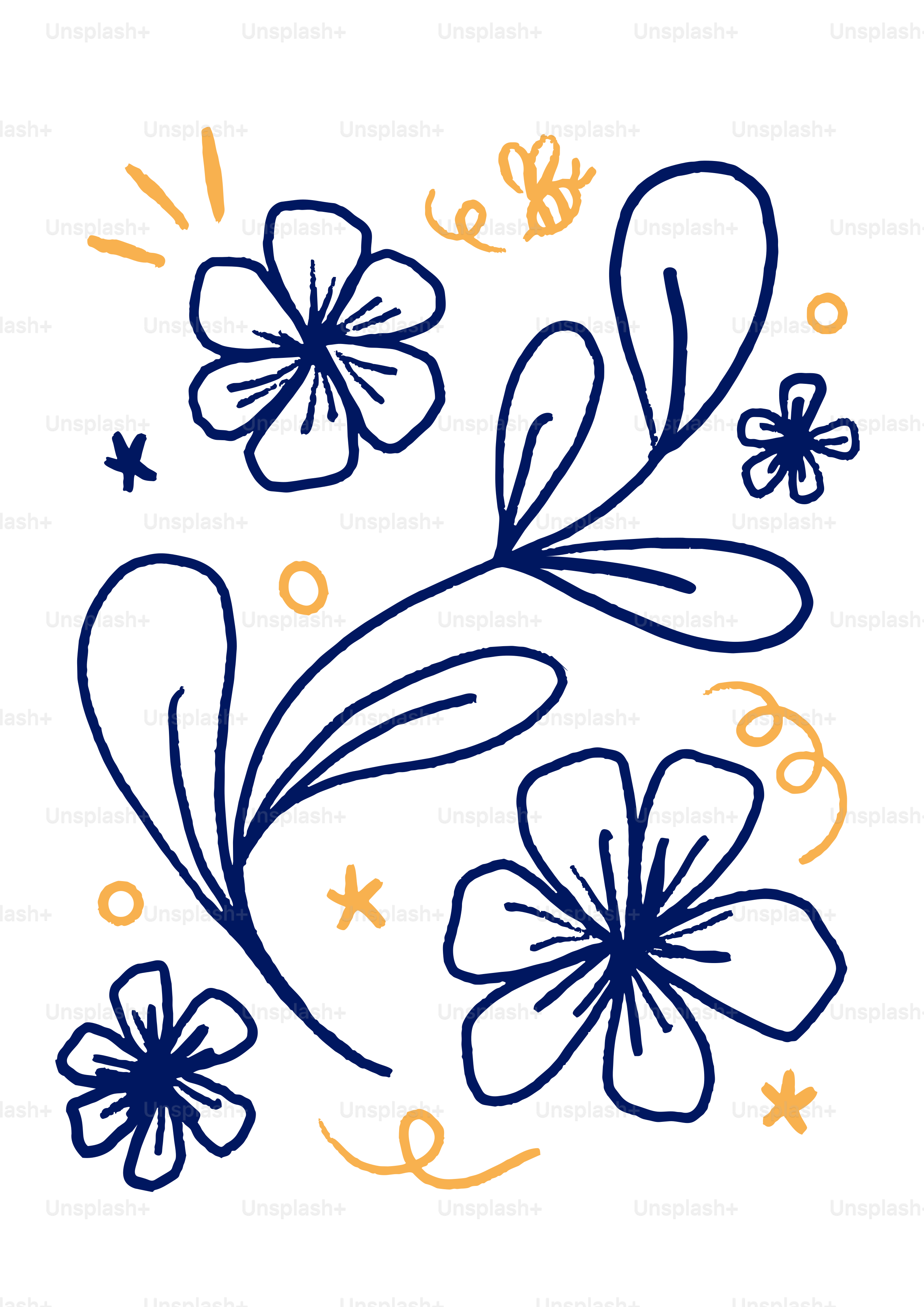 Blaue Linienzeichnungen mit Blumen und gelben Akzenten auf weißem