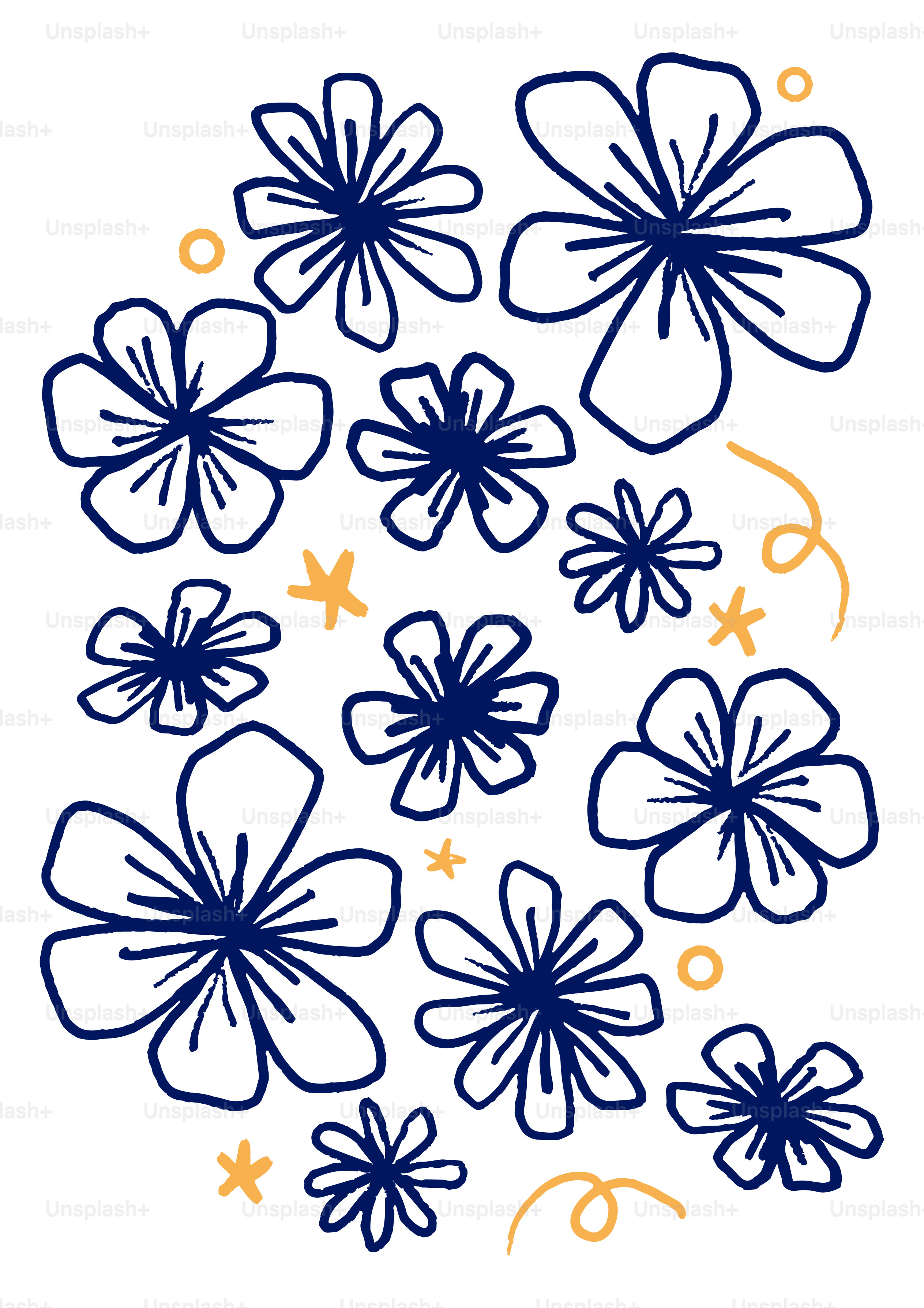 Eine Sammlung dunkelblauer Blumen mit gelben Akzenten