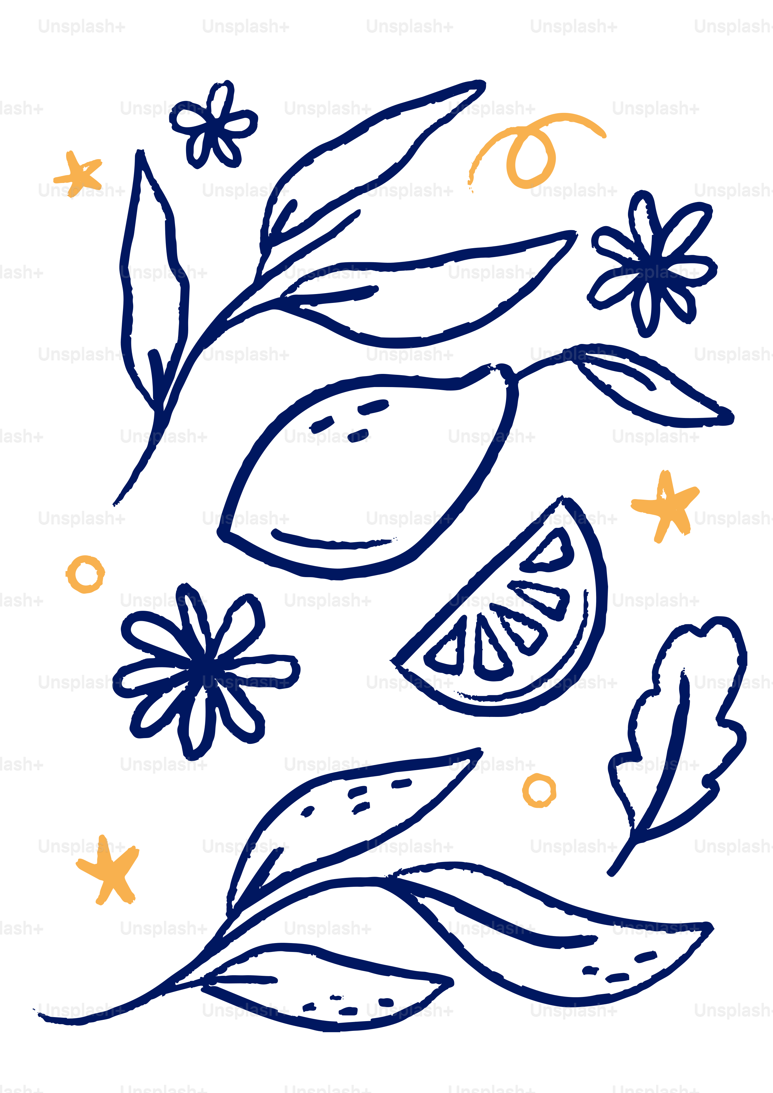 Handgezeichnete Zitronen- und Blumenelemente mit abstrakten Formen