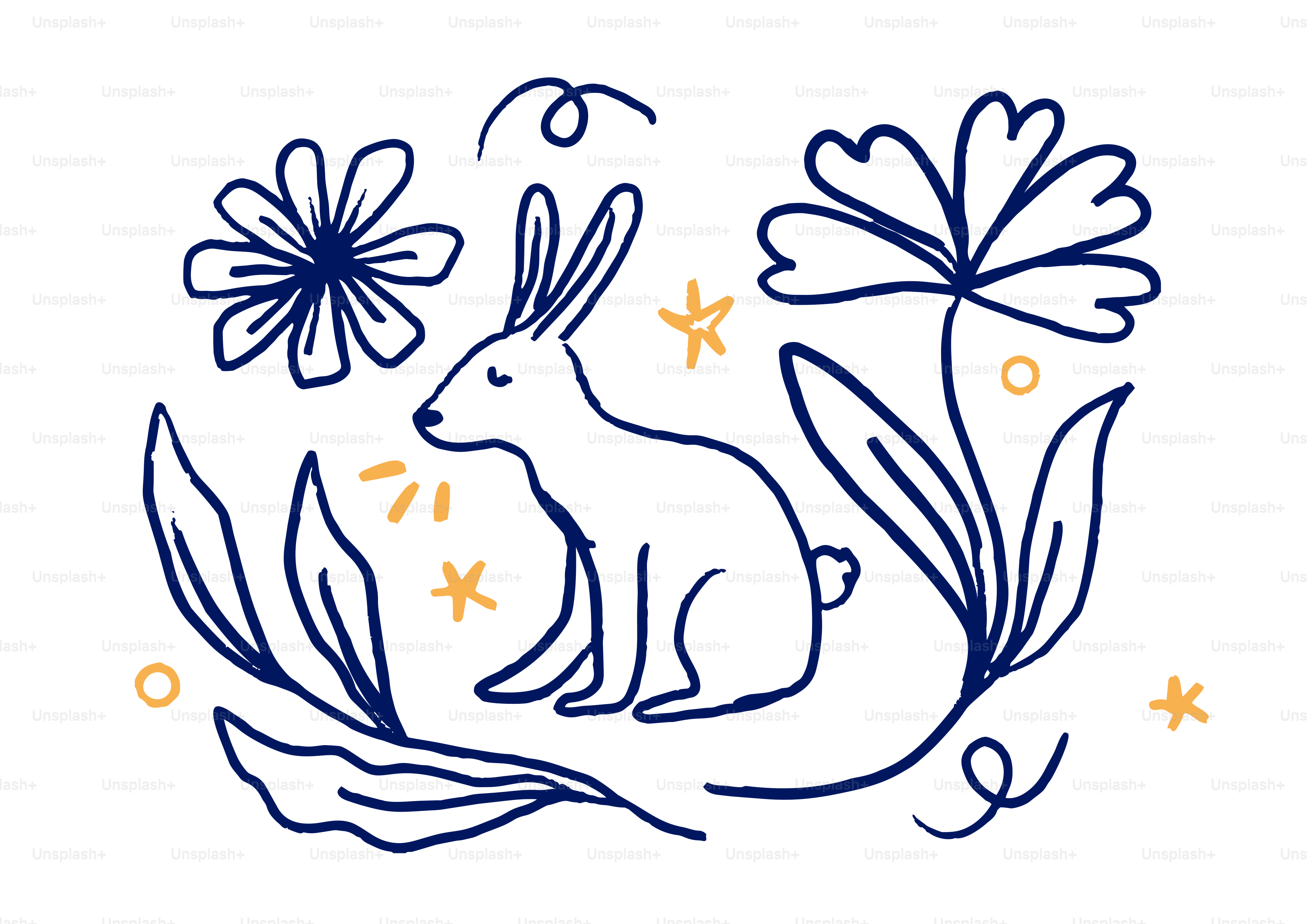 Eine verspielte Zeichnung eines Kaninchens mit Blumen und Sternen