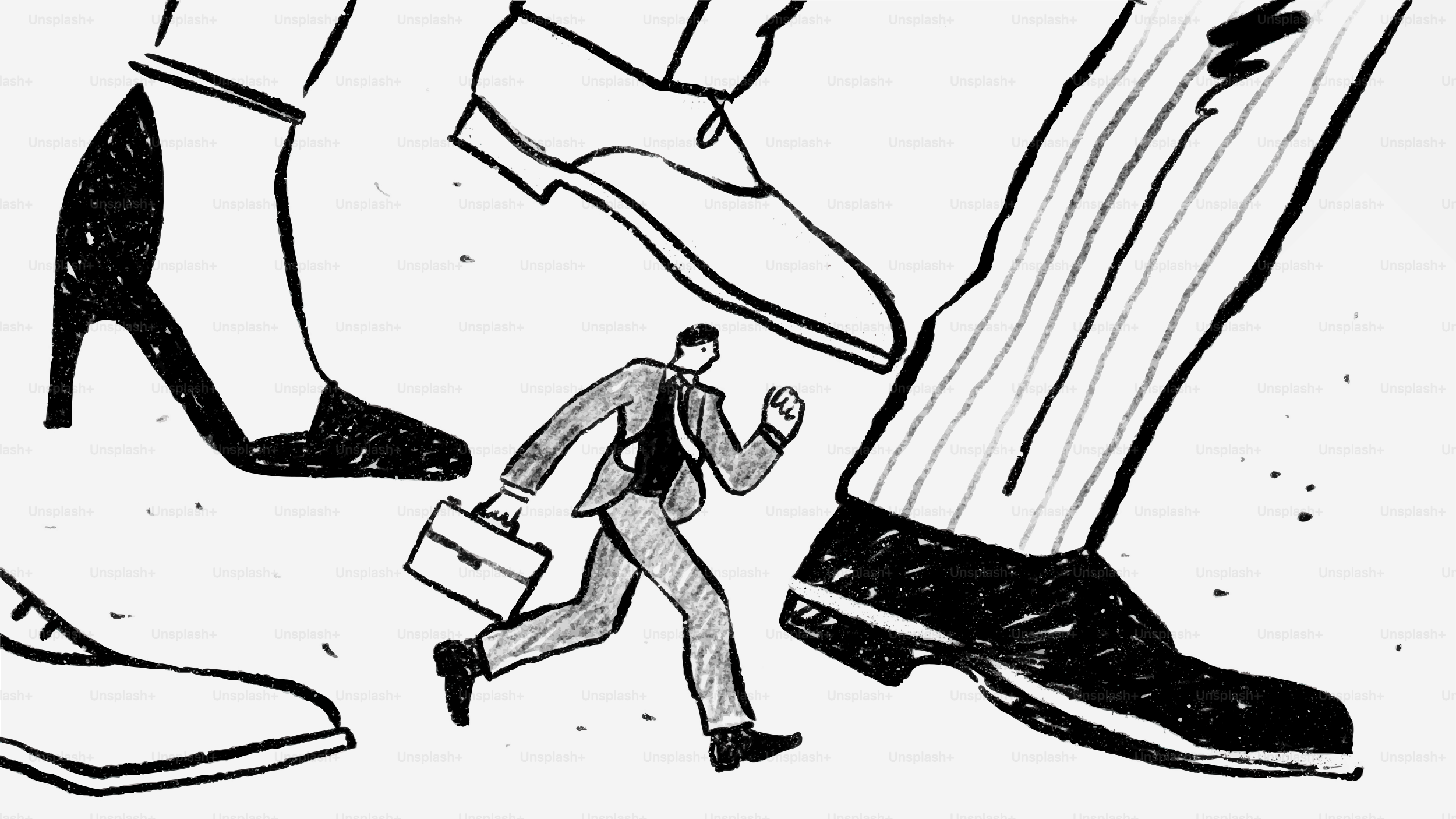 Man running between giant legs in a business suit