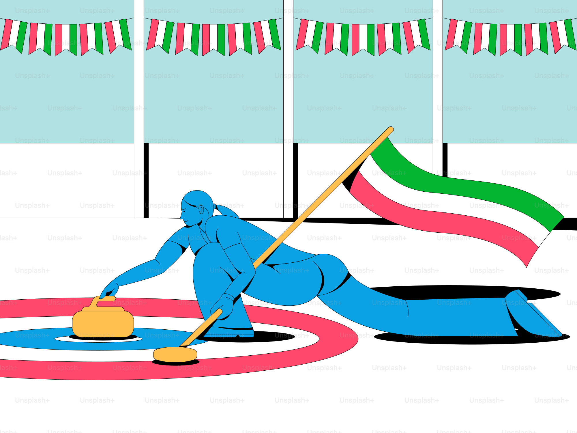 Curleur avec drapeau italien concourt sur la glace