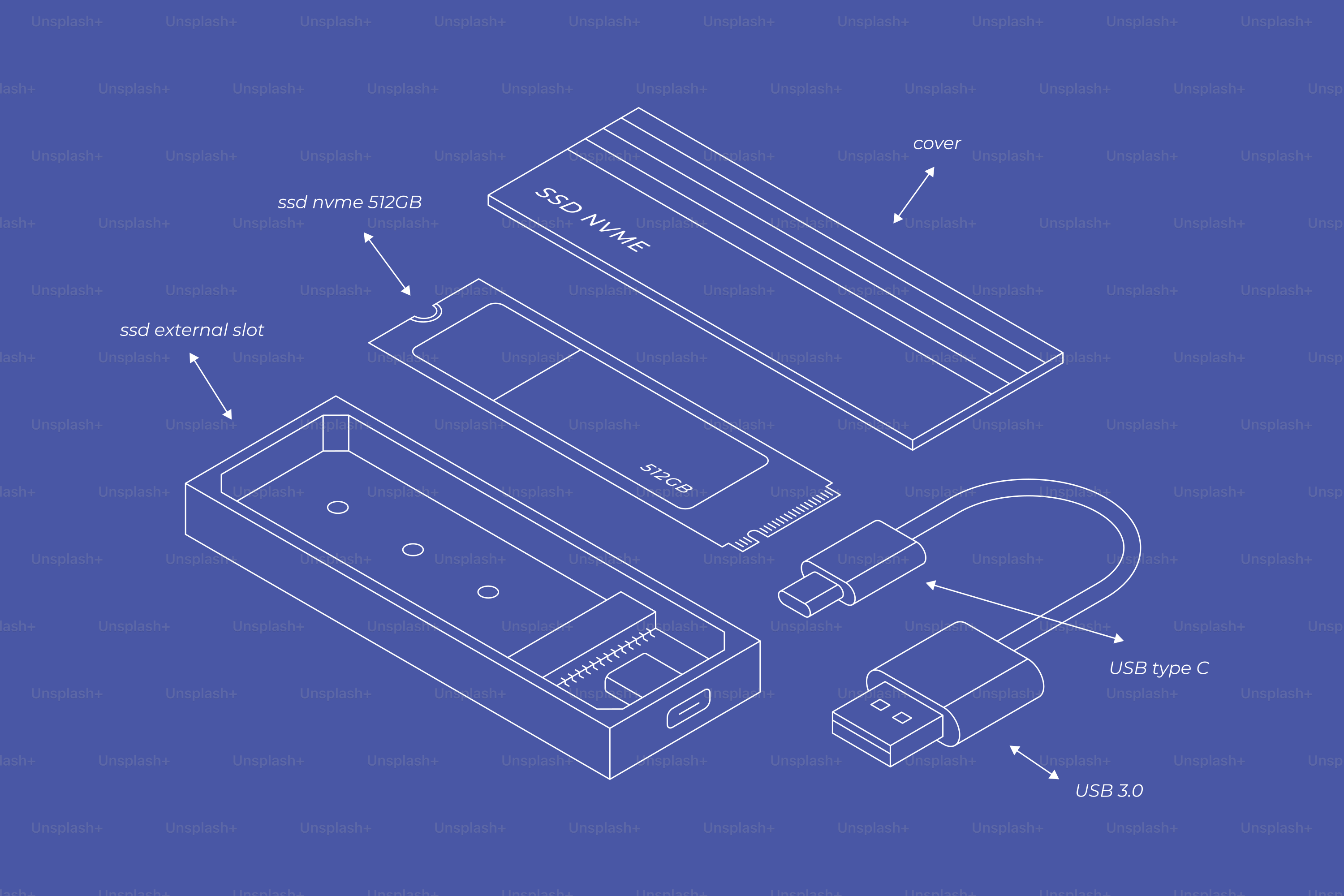 Vista explosiva de una carcasa externa de SSD y sus componentes.