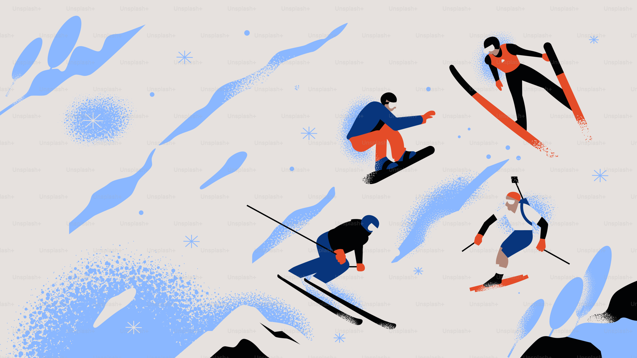 People skiing and snowboarding down a snowy mountain.