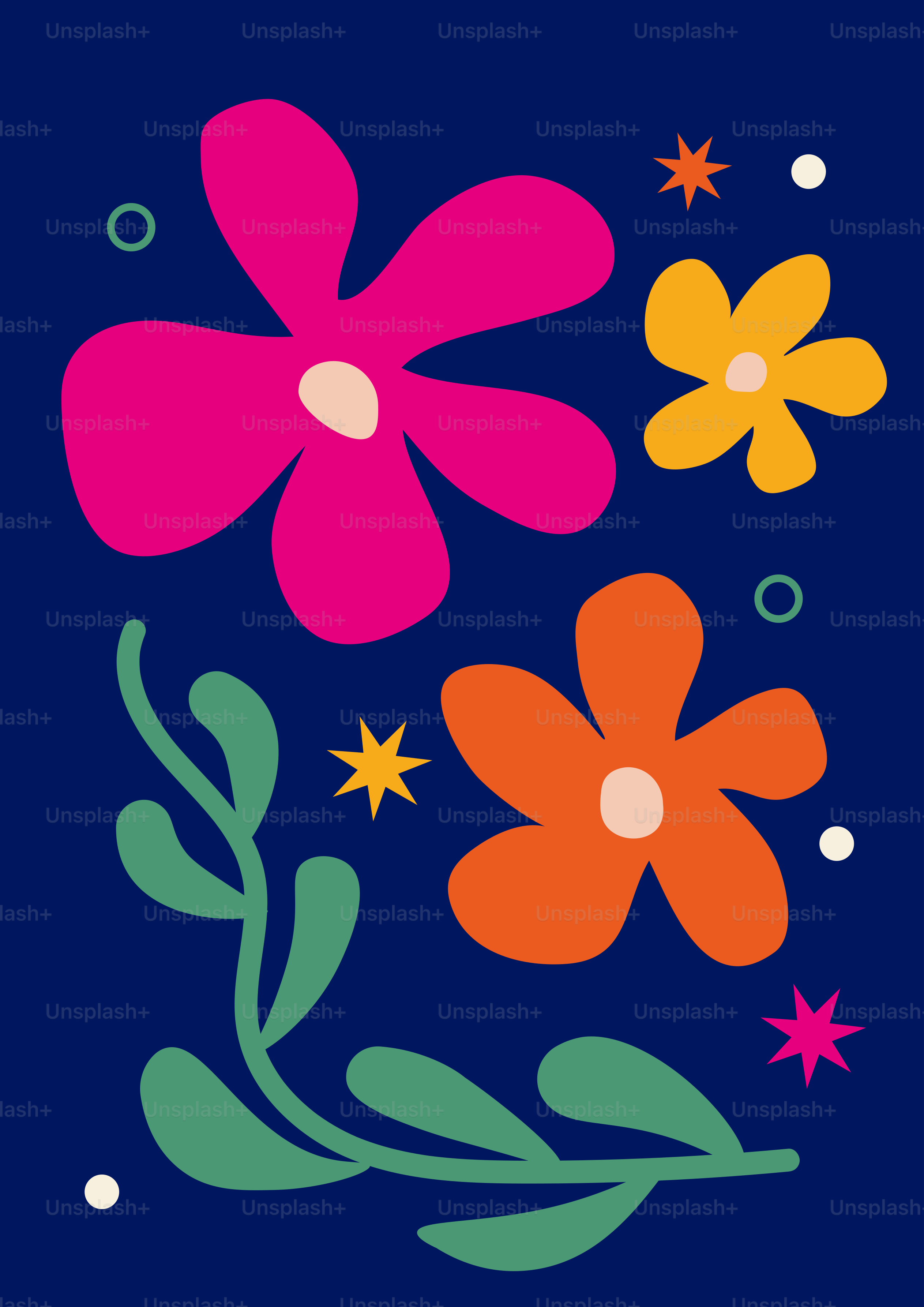 Bunte abstrakte Blumen und Blätter auf einem dunkelblauen Hintergrund