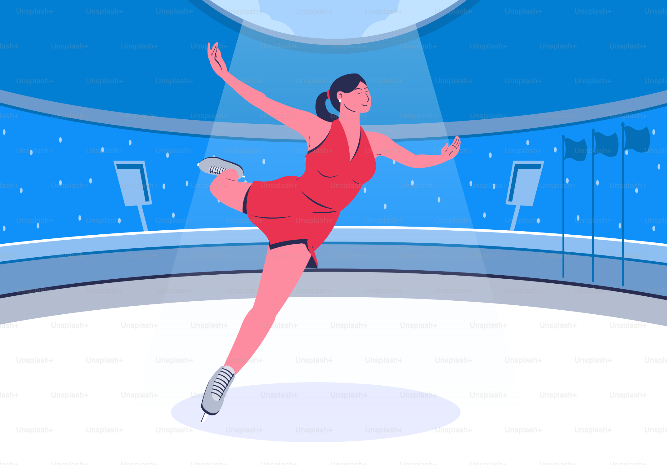 A female figure skater performs on an ice rink.