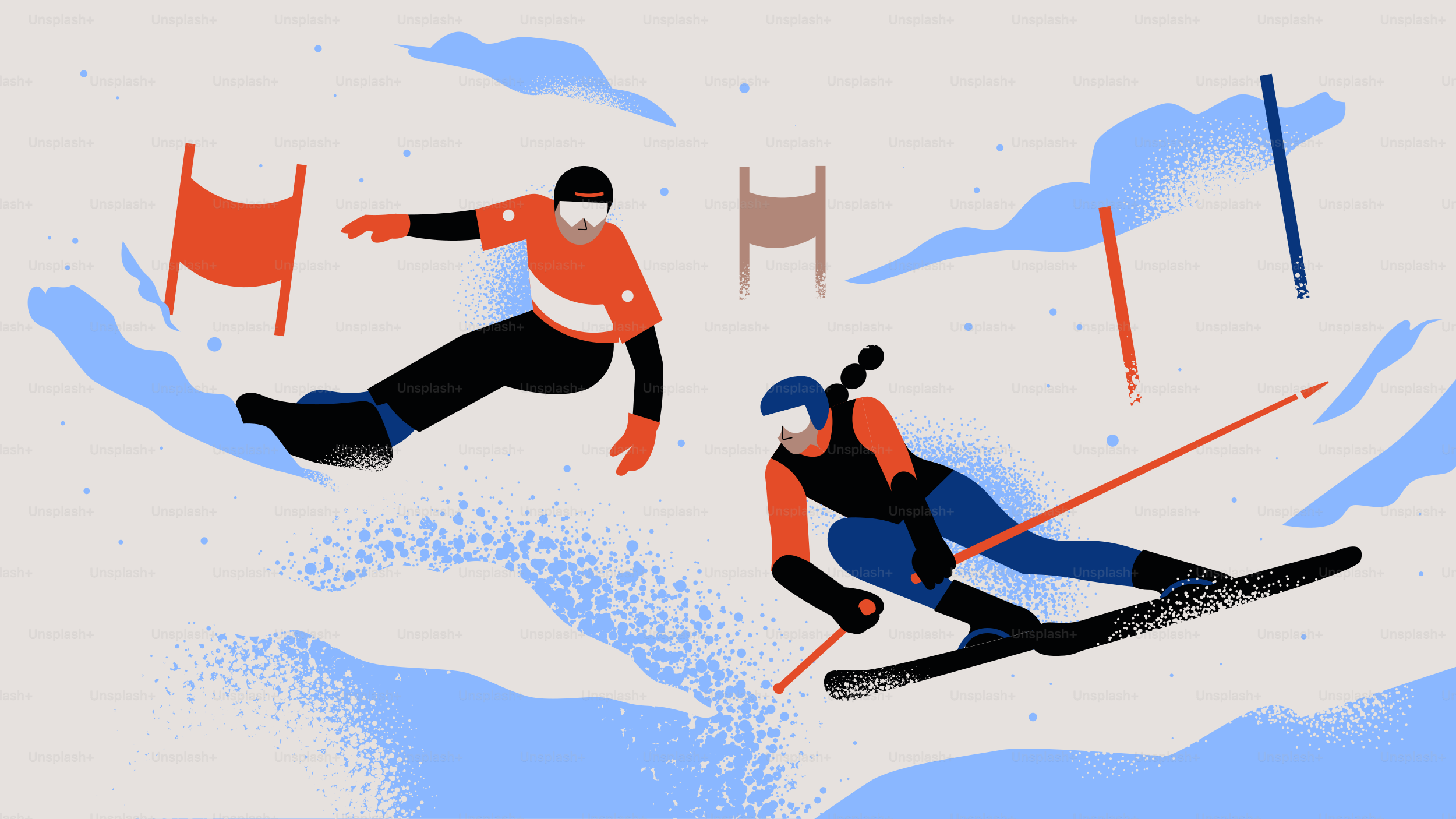 Two athletes skiing down a snowy slope