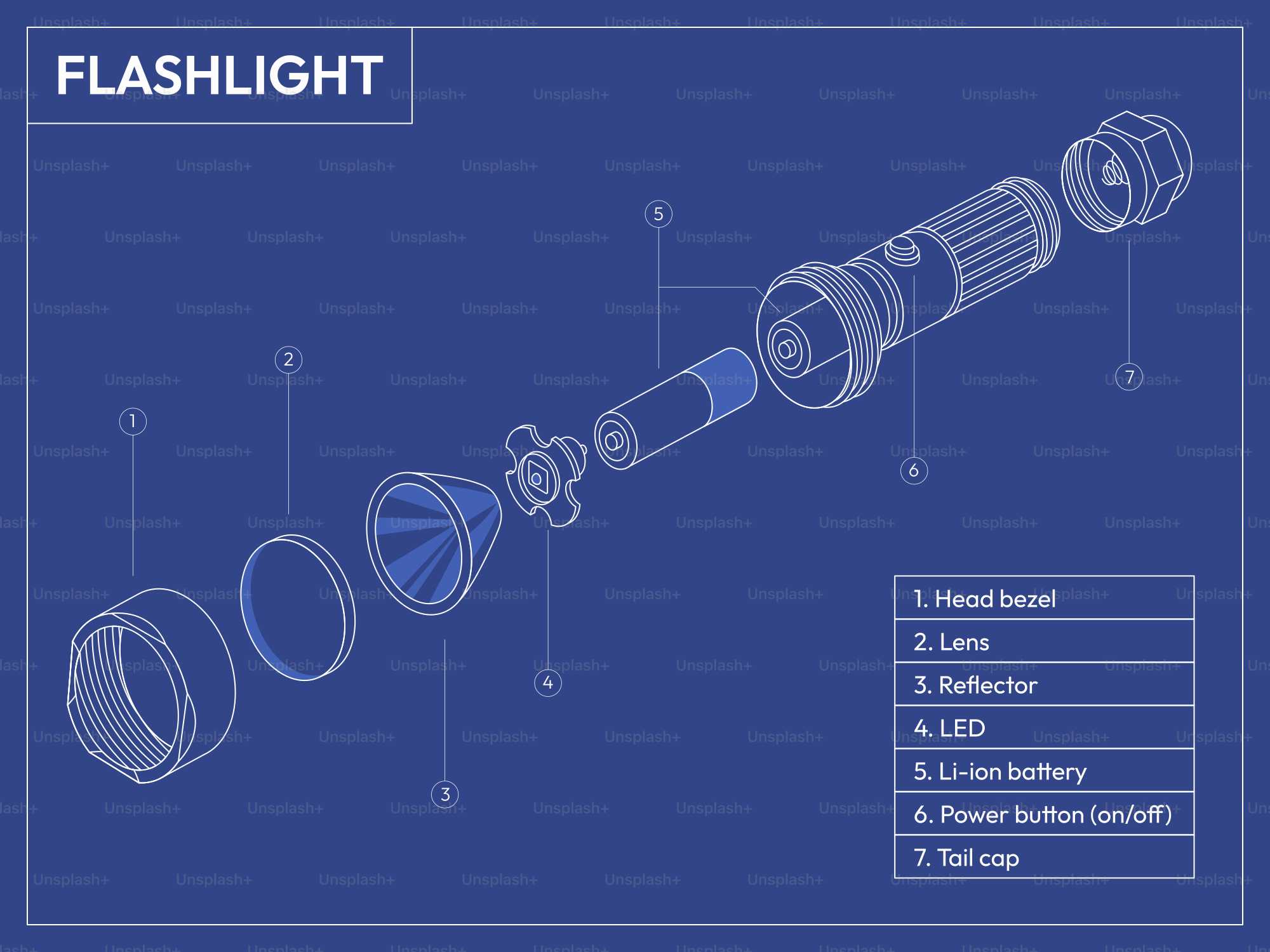Exploded view blueprint of a flashlight with labeled parts.