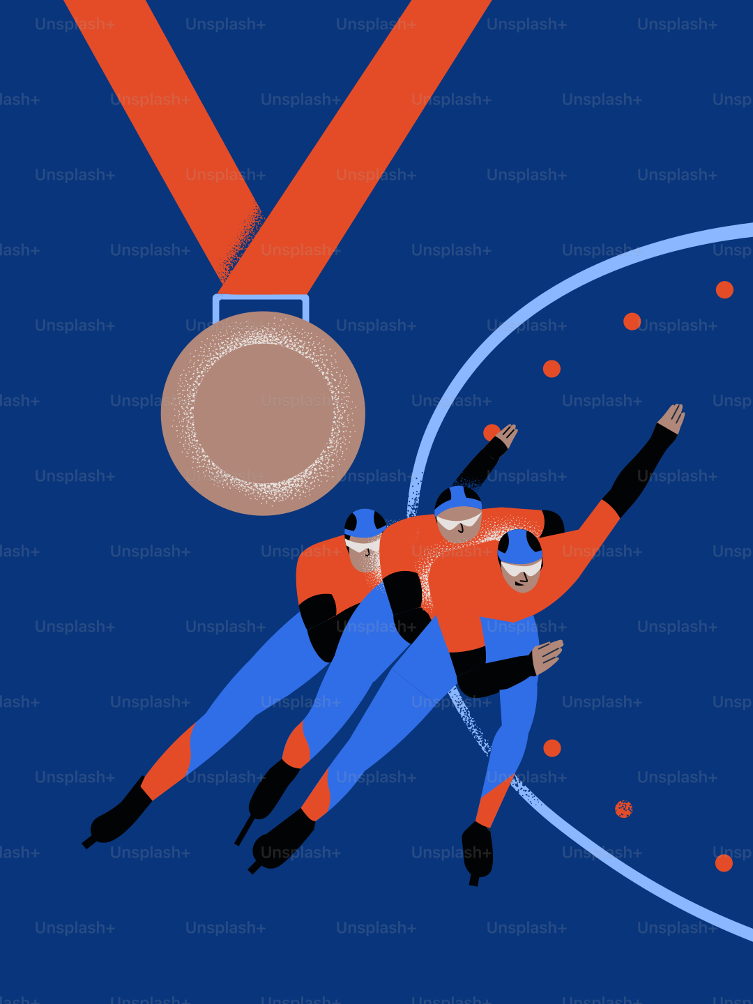 Speed skaters race towards a bronze medal.