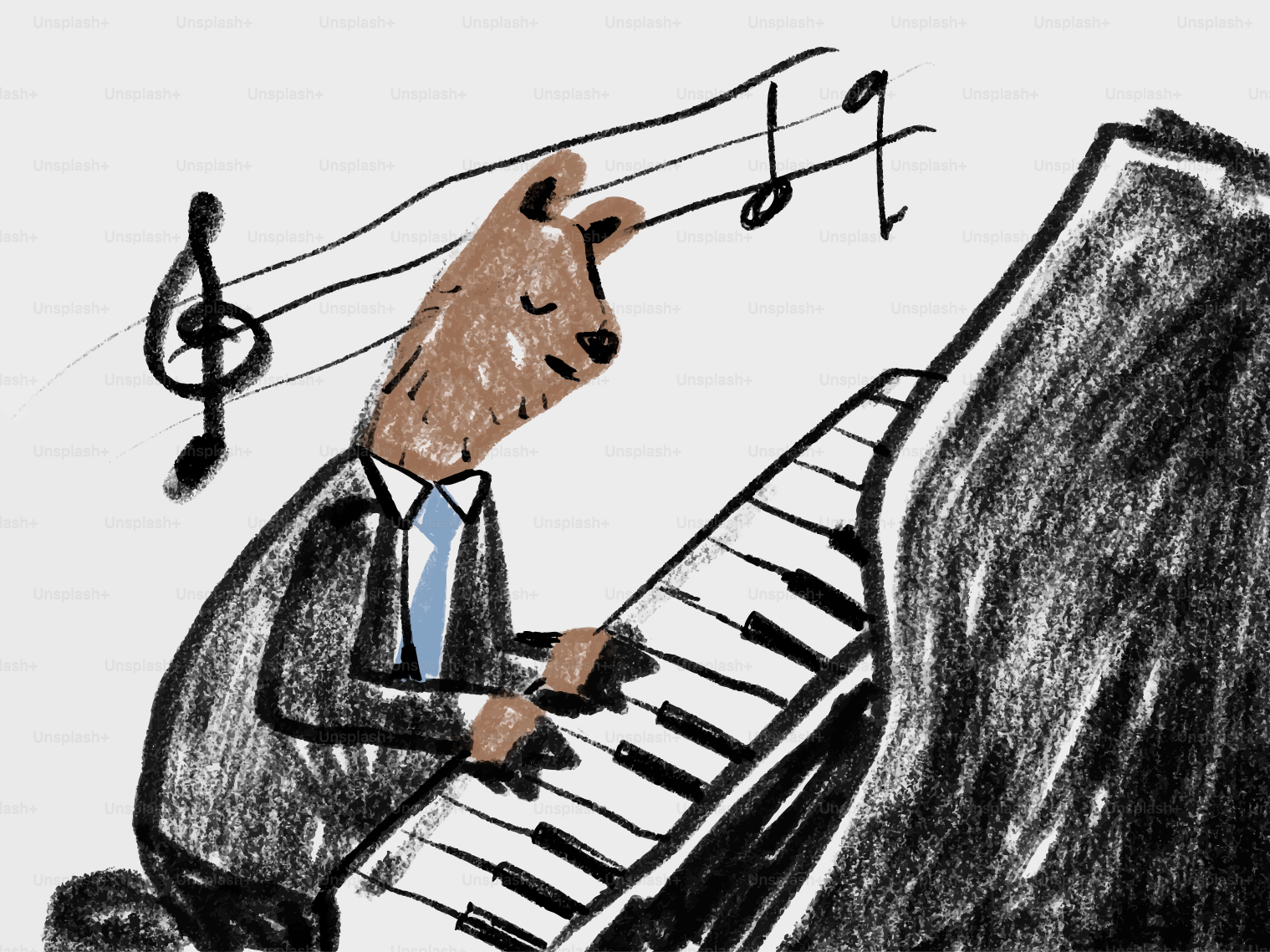 Un oso de dibujos animados con traje toca el piano.