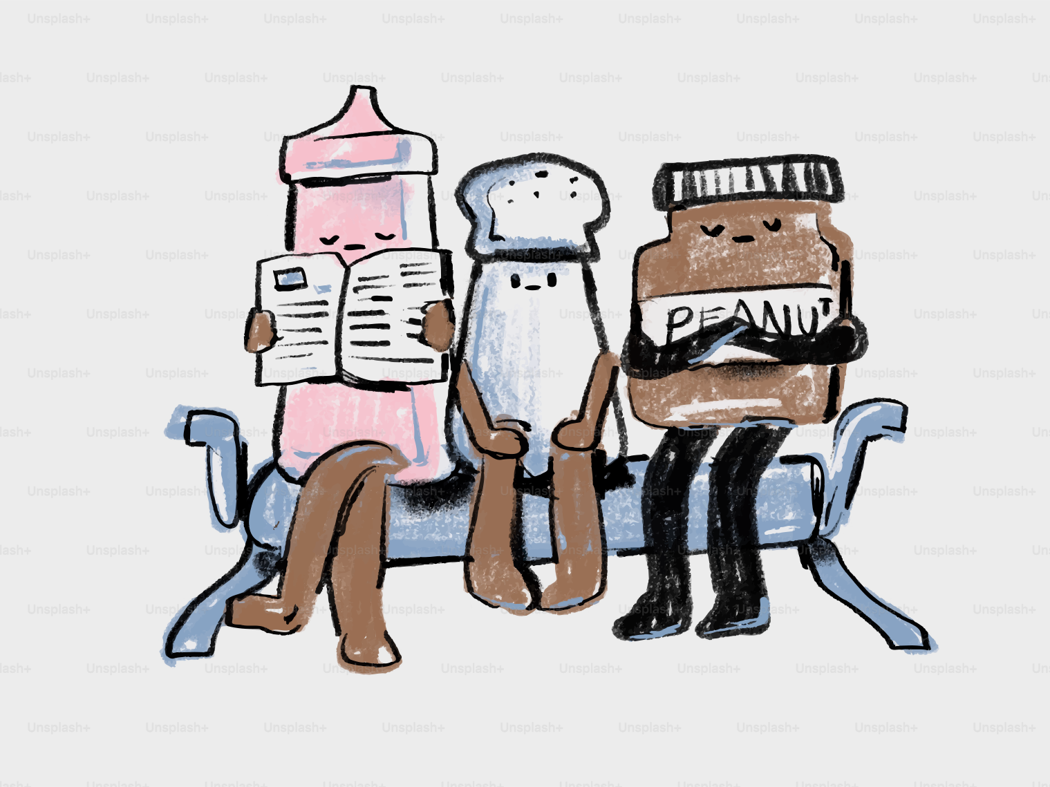 Tres recipientes de comida antropomórficos esperando en un banco.