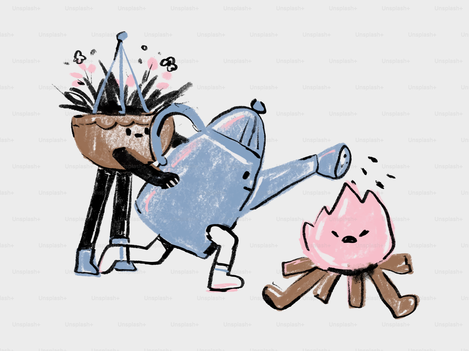 Una regadera vierte agua sobre una pequeña hoguera.