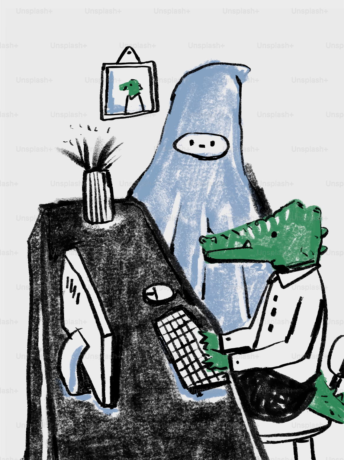 El caimán con camiseta trabaja en un ordenador con fantasma.