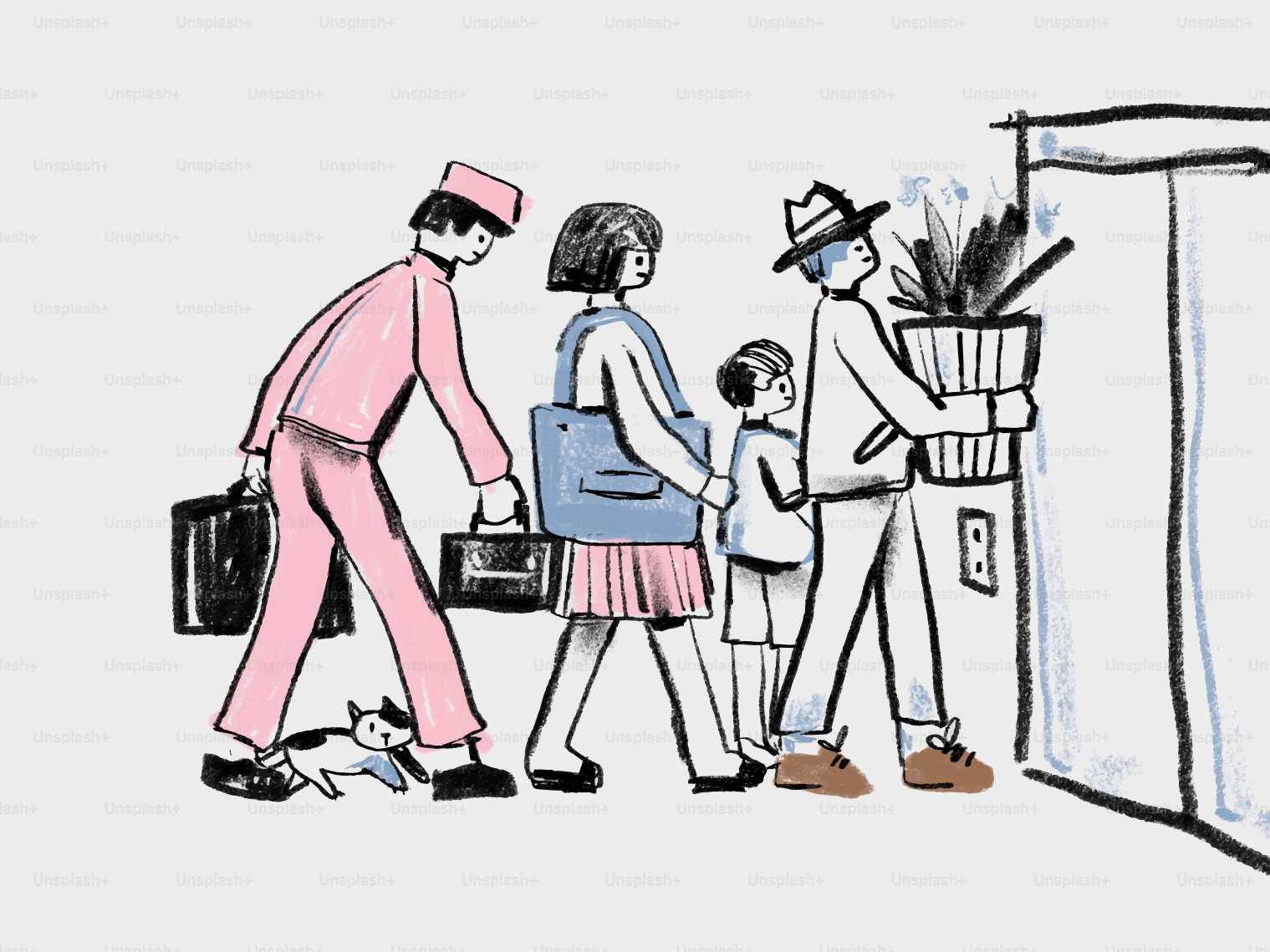 Familia con equipaje y plantas paseando, el gato sigue