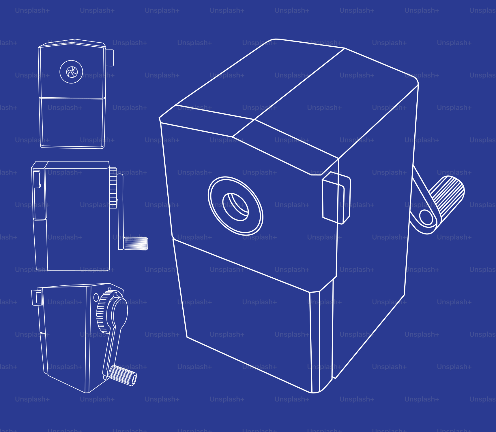 Blueprint of a mechanical pencil sharpener with multiple views
