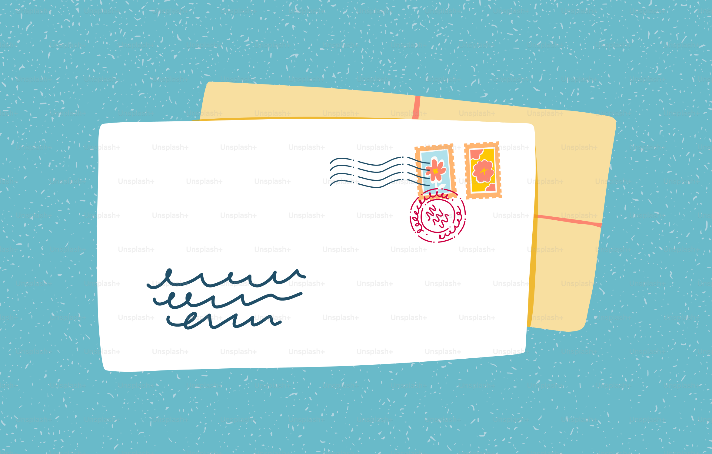 A white envelope with stamps and a yellow envelope behind.