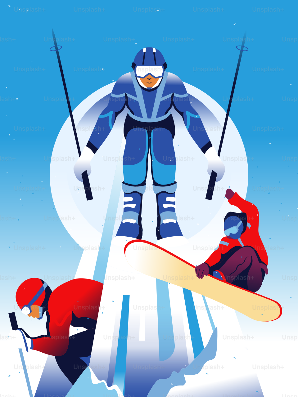 Three skiers and snowboarders on a snowy mountain.