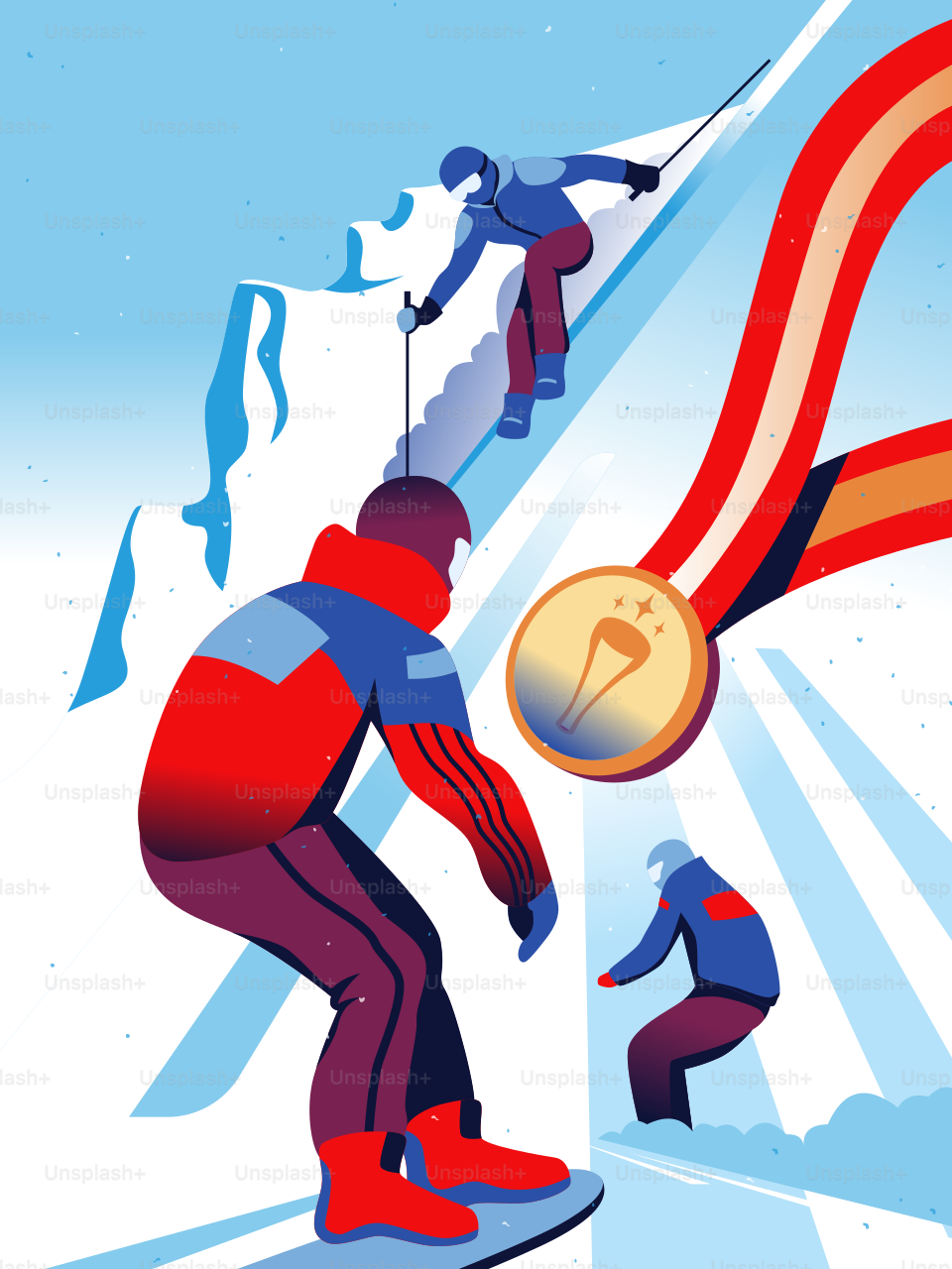 Los atletas hacen snowboard y esquían bajando una montaña nevada.