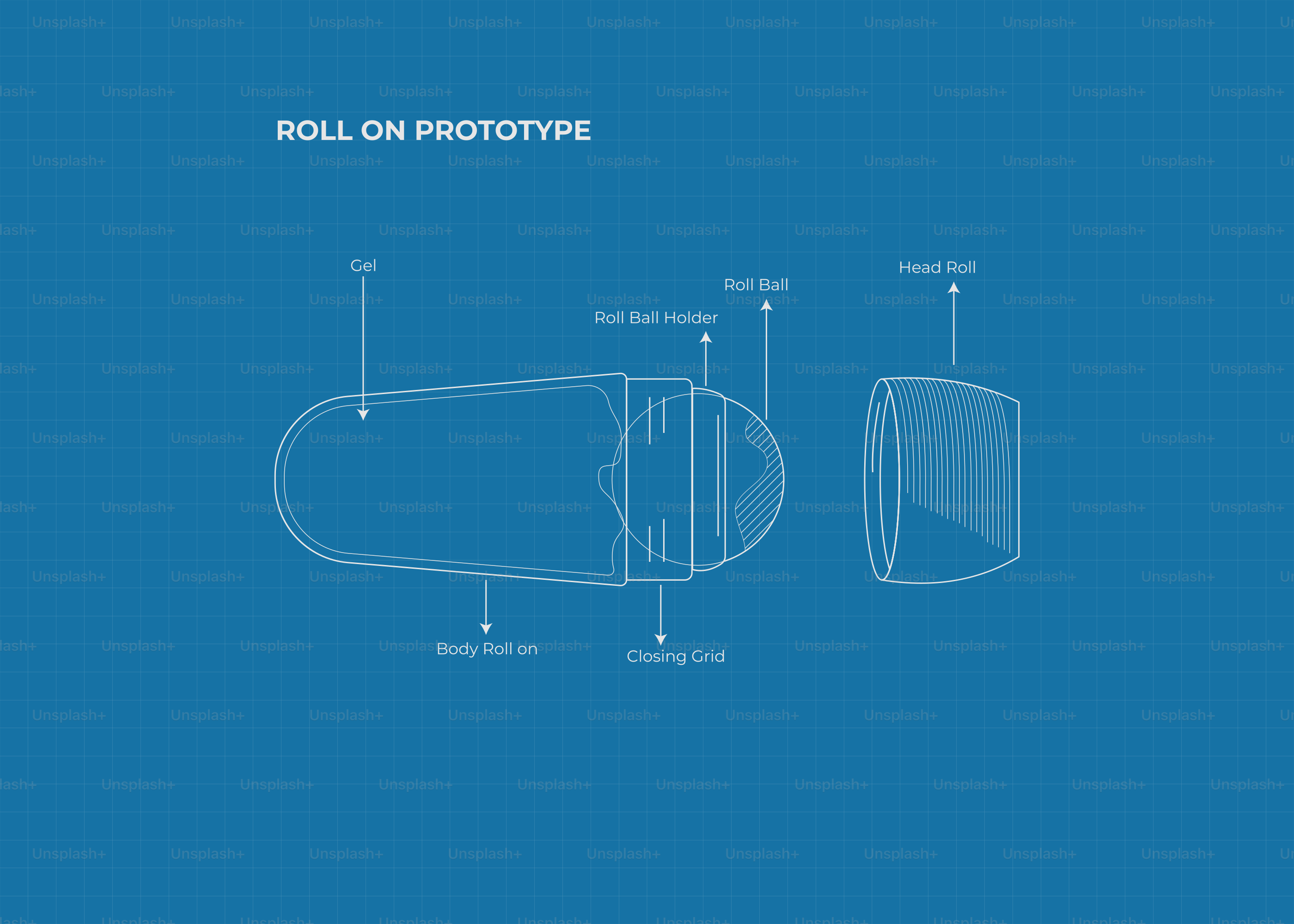 Blueprint diagram of a roll-on prototype with labels.