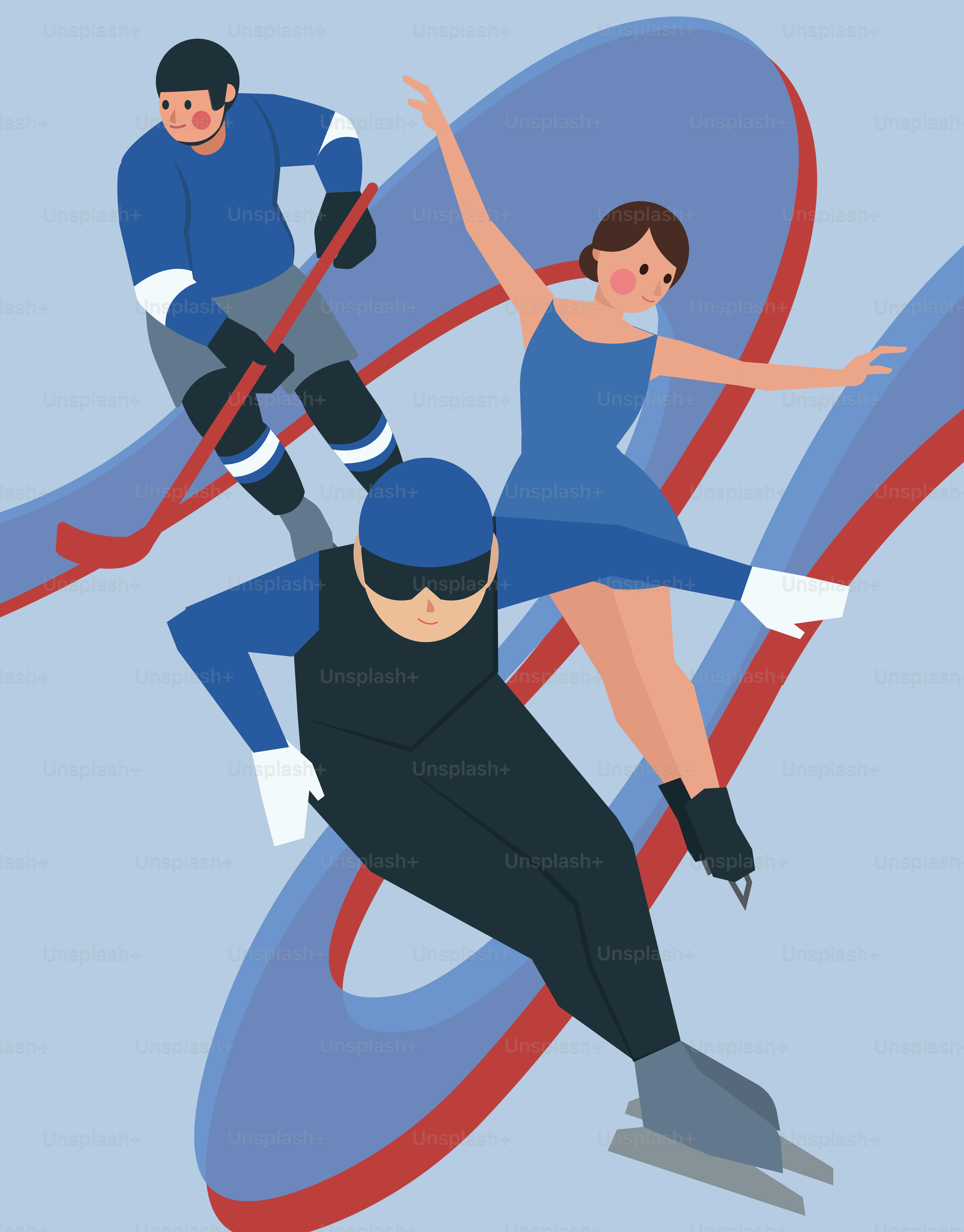Three athletes in different winter sports on blue background