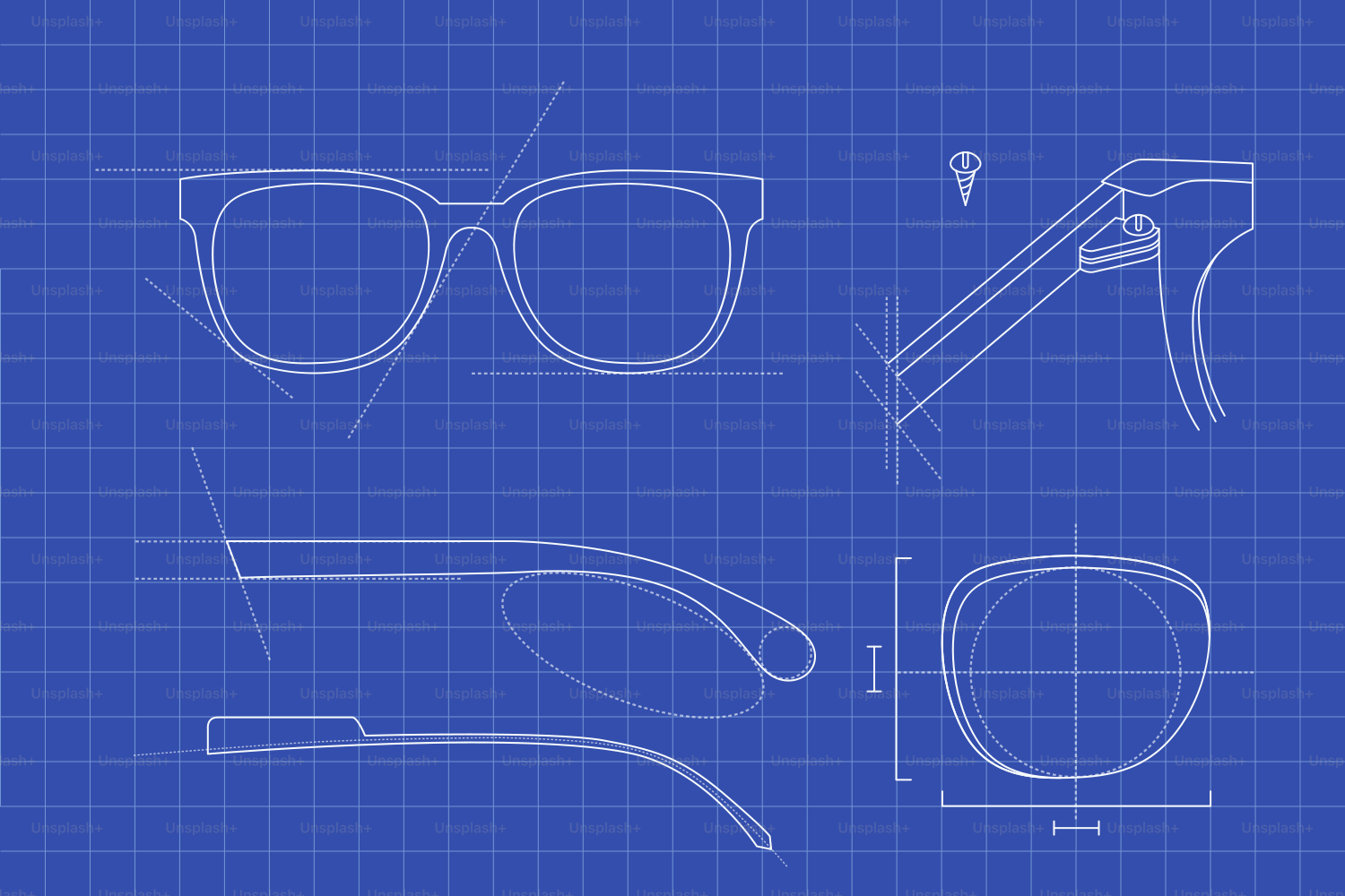 詳細な技術図面付きの眼鏡の設計図。