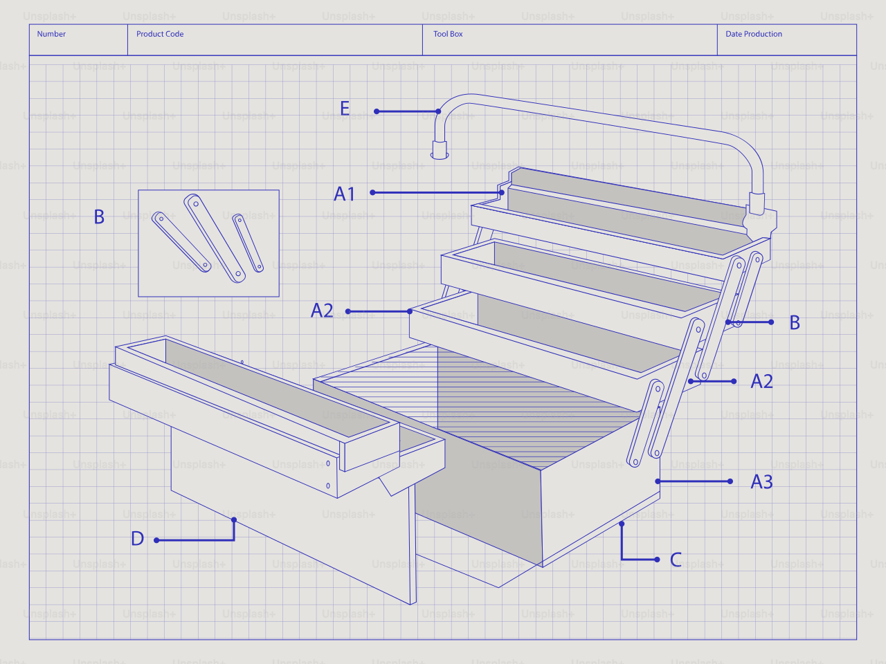 Plano de una caja de herramientas abierta con etiquetas