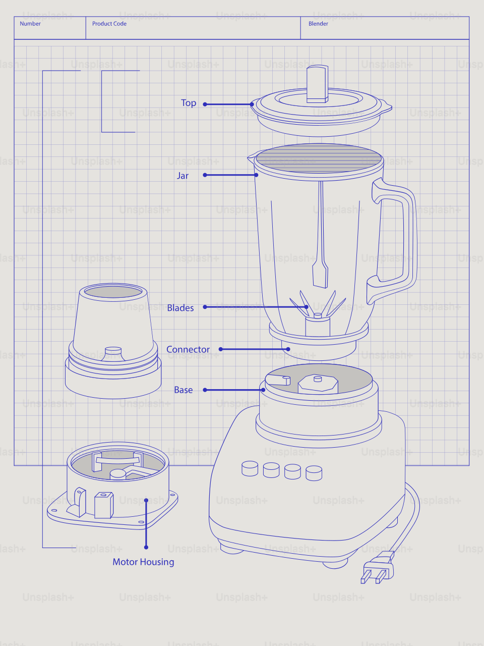 Vista explosiva de una batidora con piezas etiquetadas