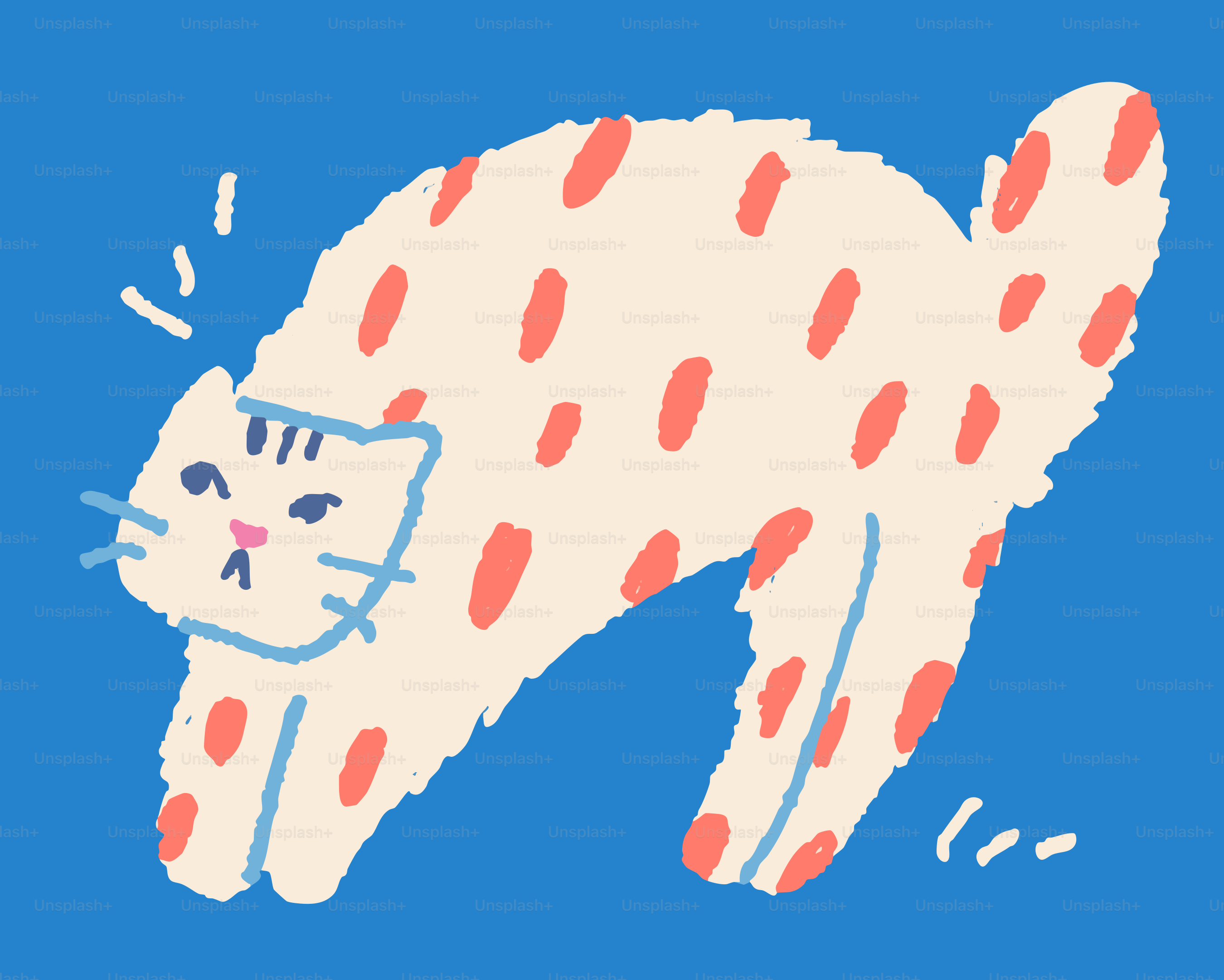 A cartoon cat with pink spots arches its back.