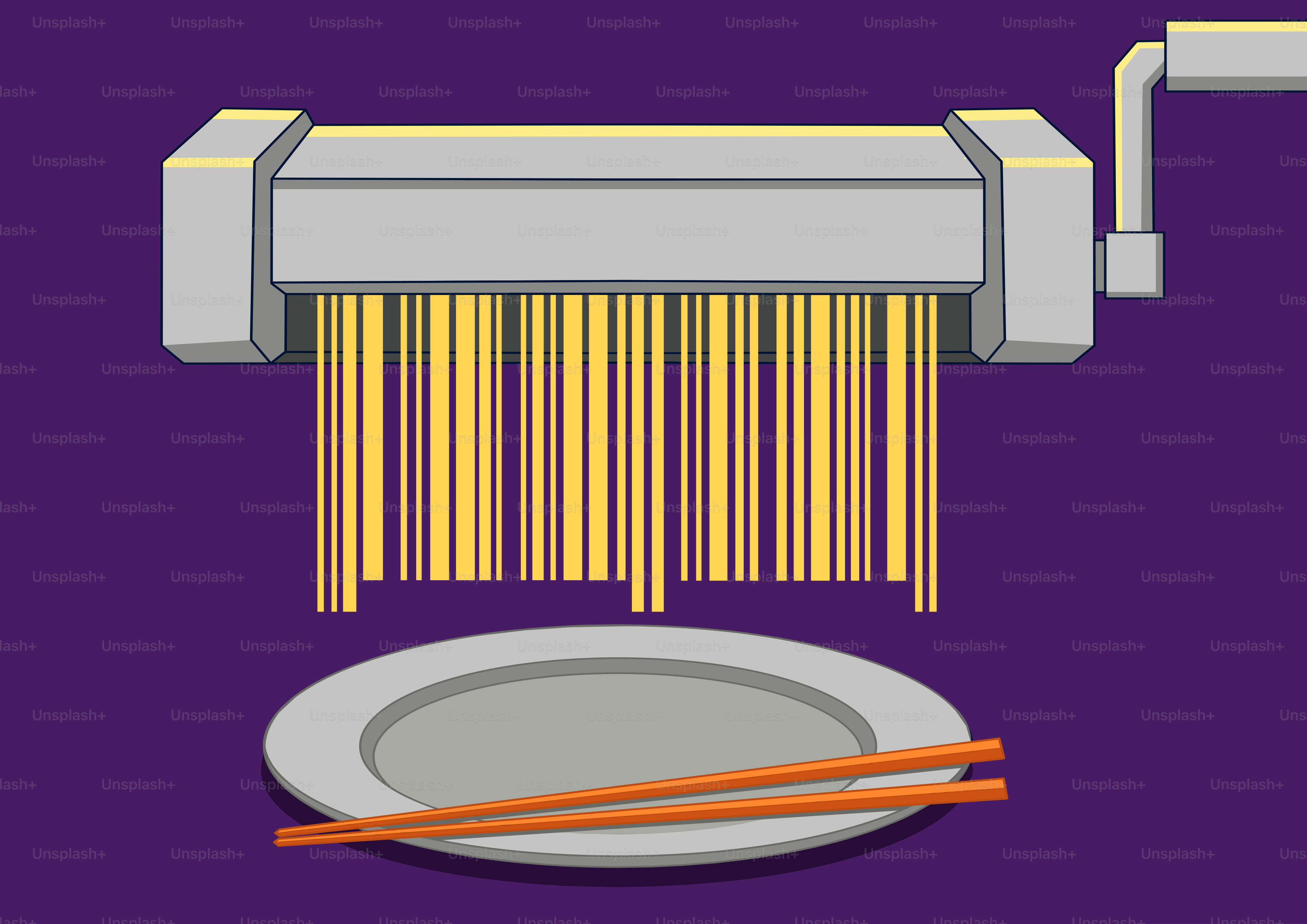 Máquina de macarrão criando espaguete em um prato com hashis