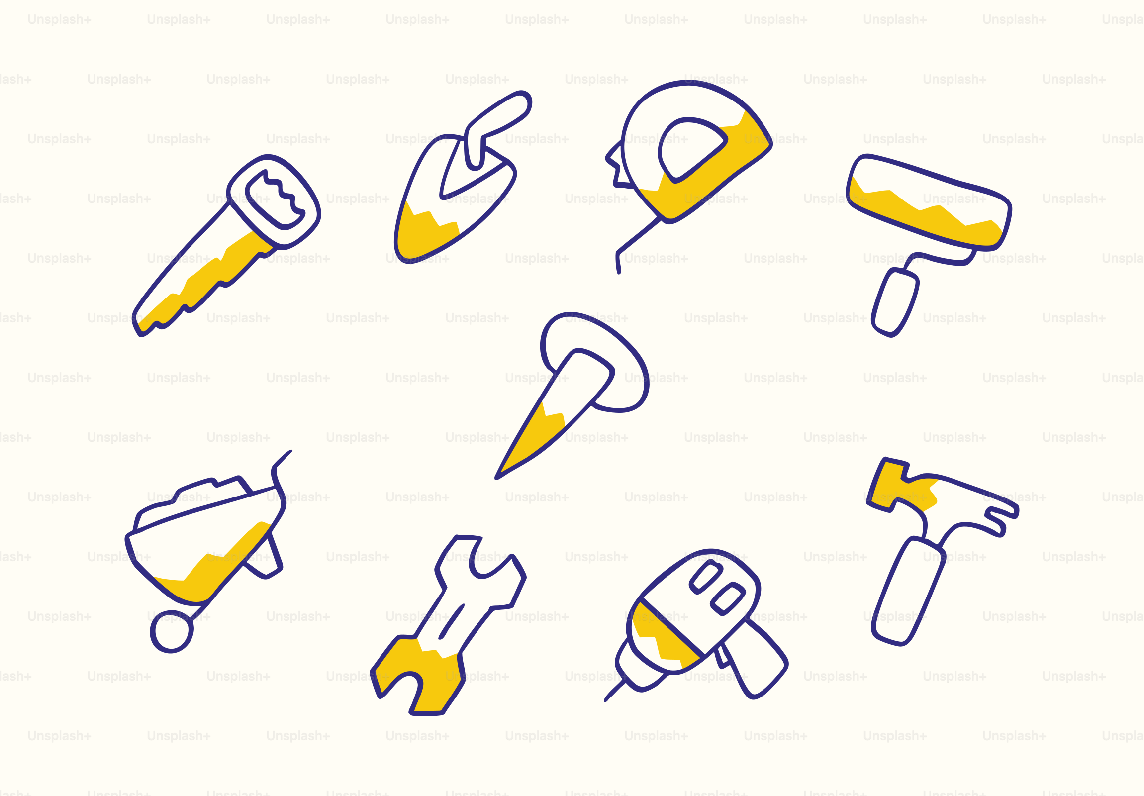 Collection of hand-drawn construction tools on white background