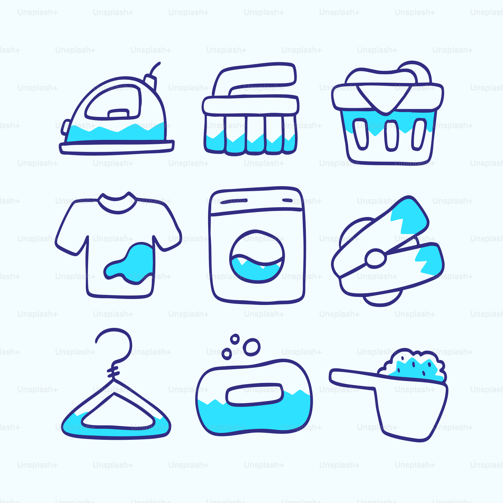 Barang-barang cucian termasuk setrika, sikat, keranjang, kemeja, mesin cuci.