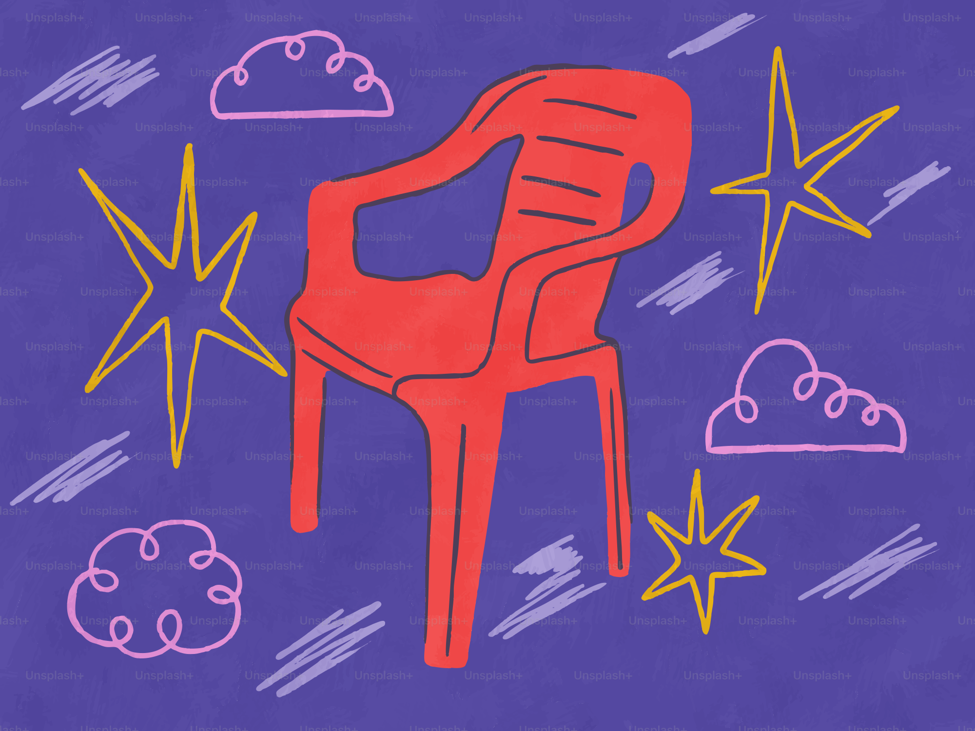 Red plastic chair surrounded by stars and clouds