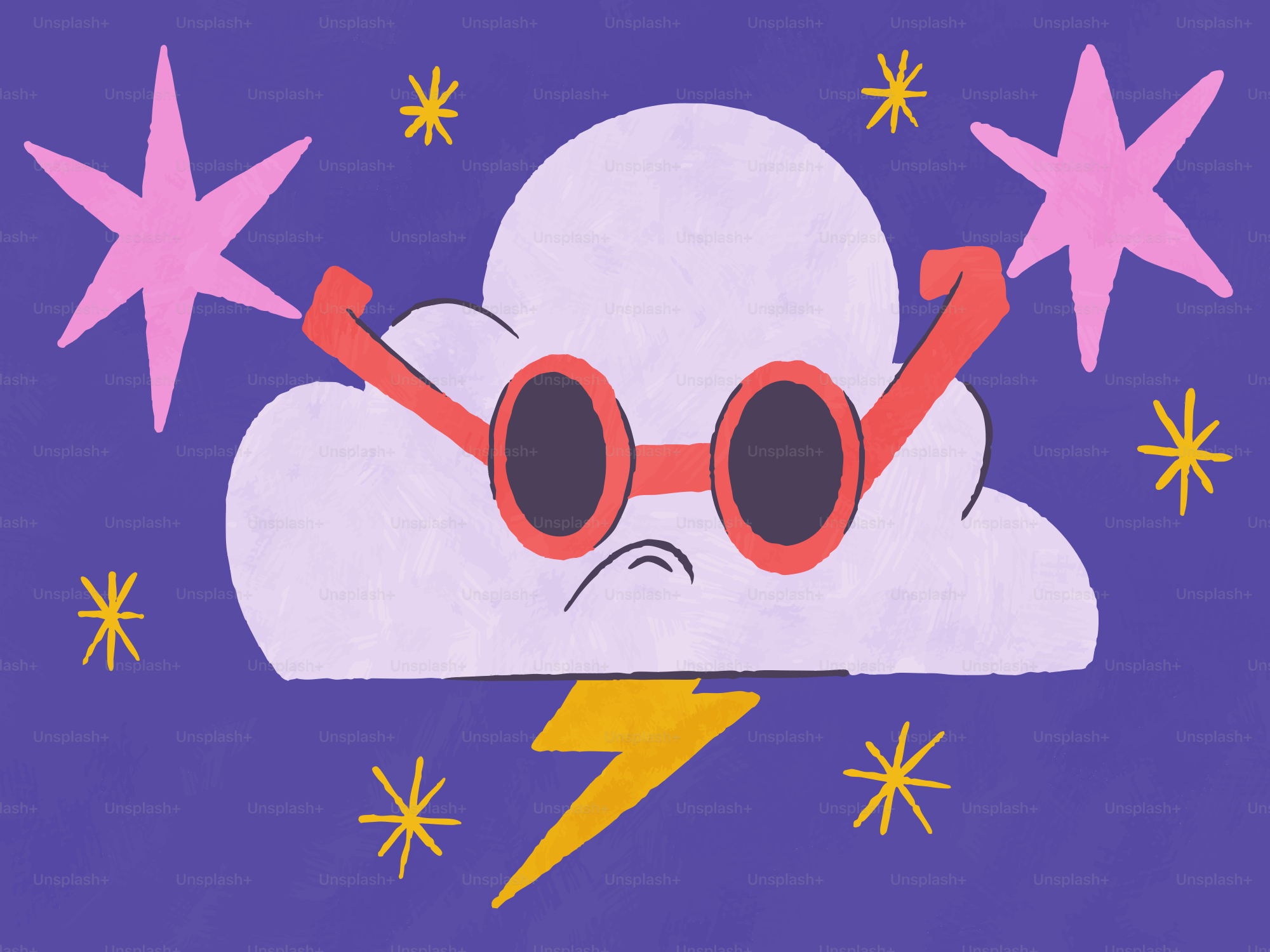 A cartoon cloud wearing sunglasses with stars and lightning.