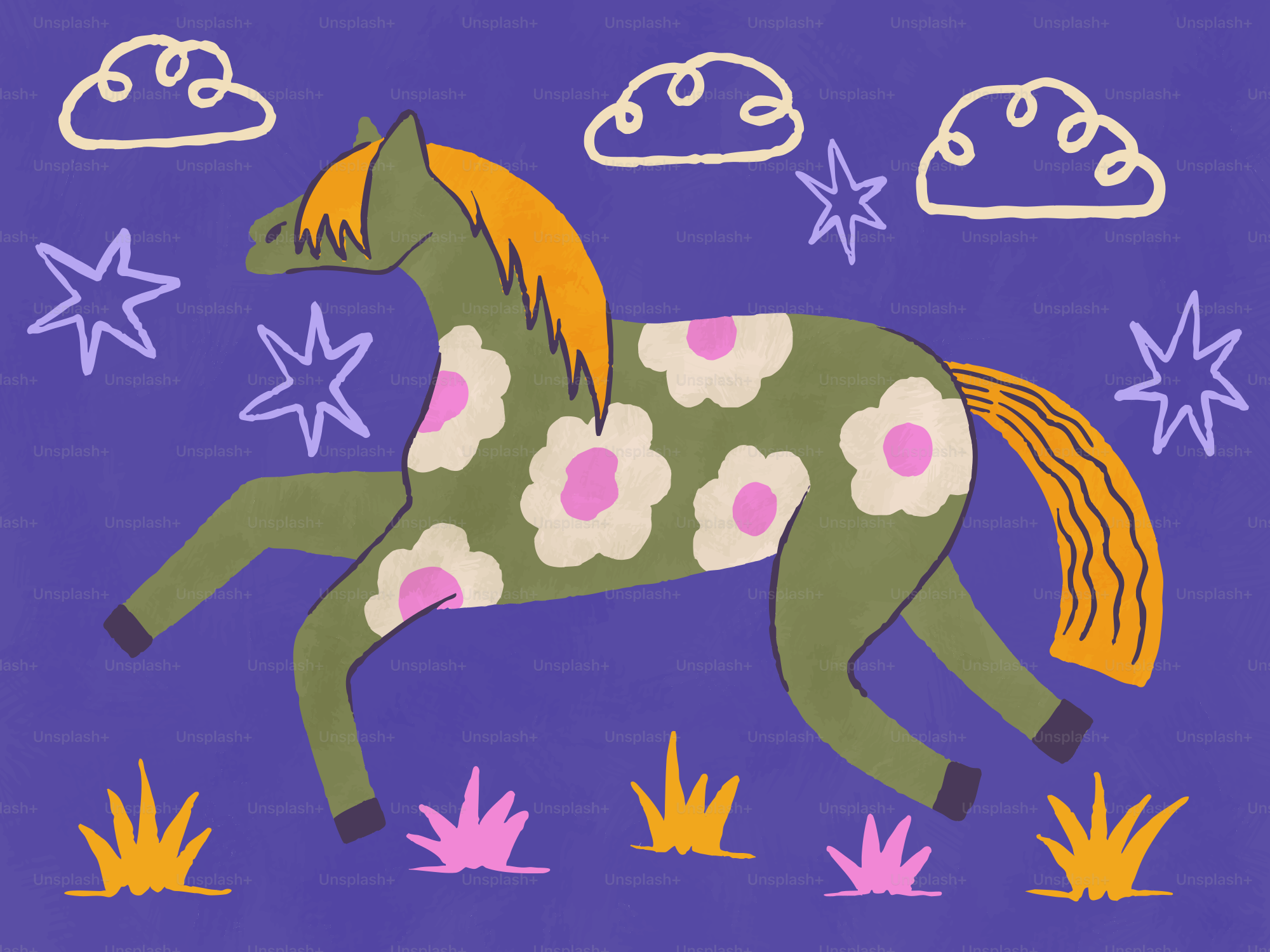 A green horse with floral patterns runs in a field.