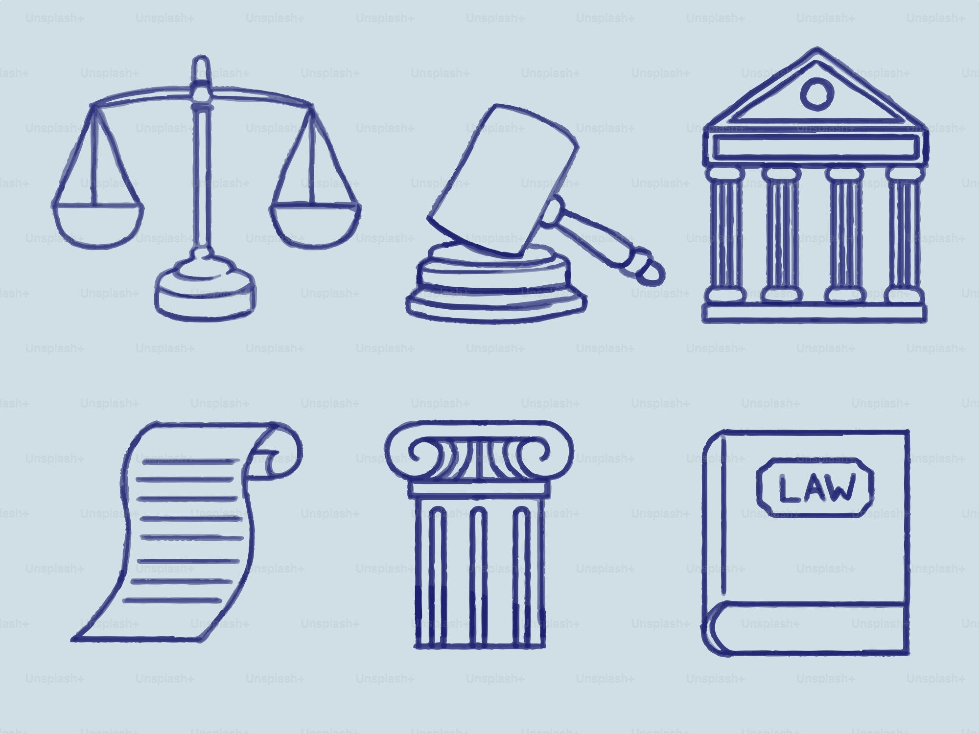 Iconos legales como balanzas, mazo, juzgado, pergamino, columna, libro.