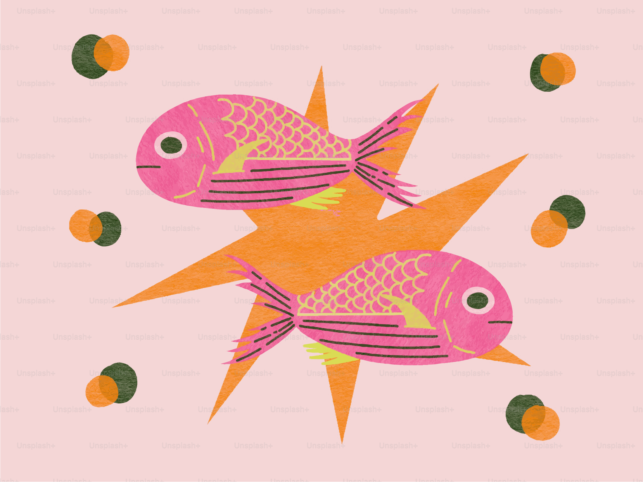 Two pink fish swim around an orange starburst.