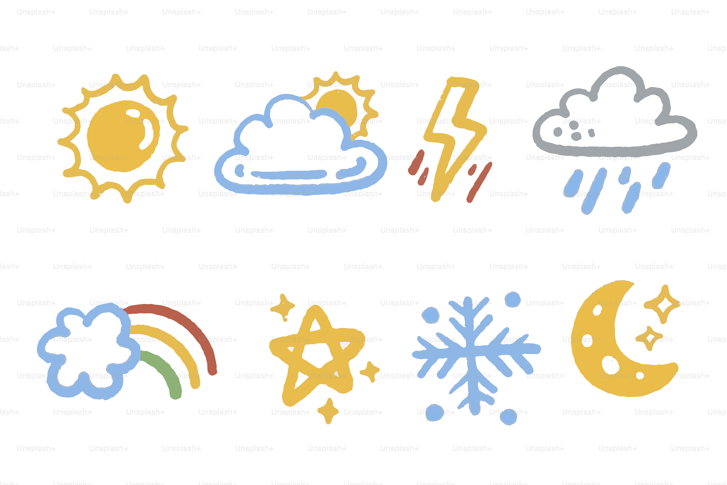 Verschiedene Wettersymbole, darunter Sonne, Wolken, Blitze und Regen.