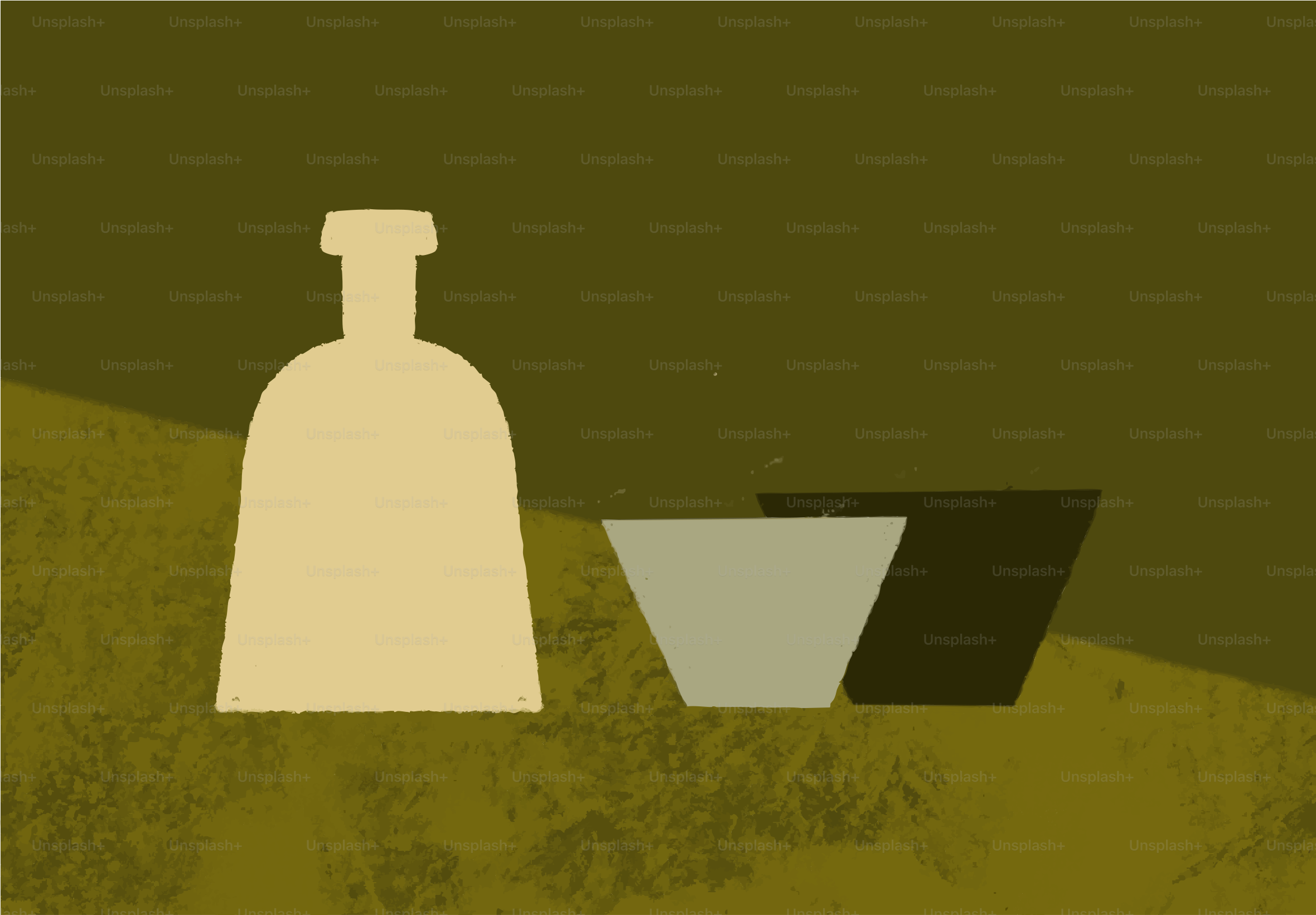 A bottle and two bowls on a textured surface.