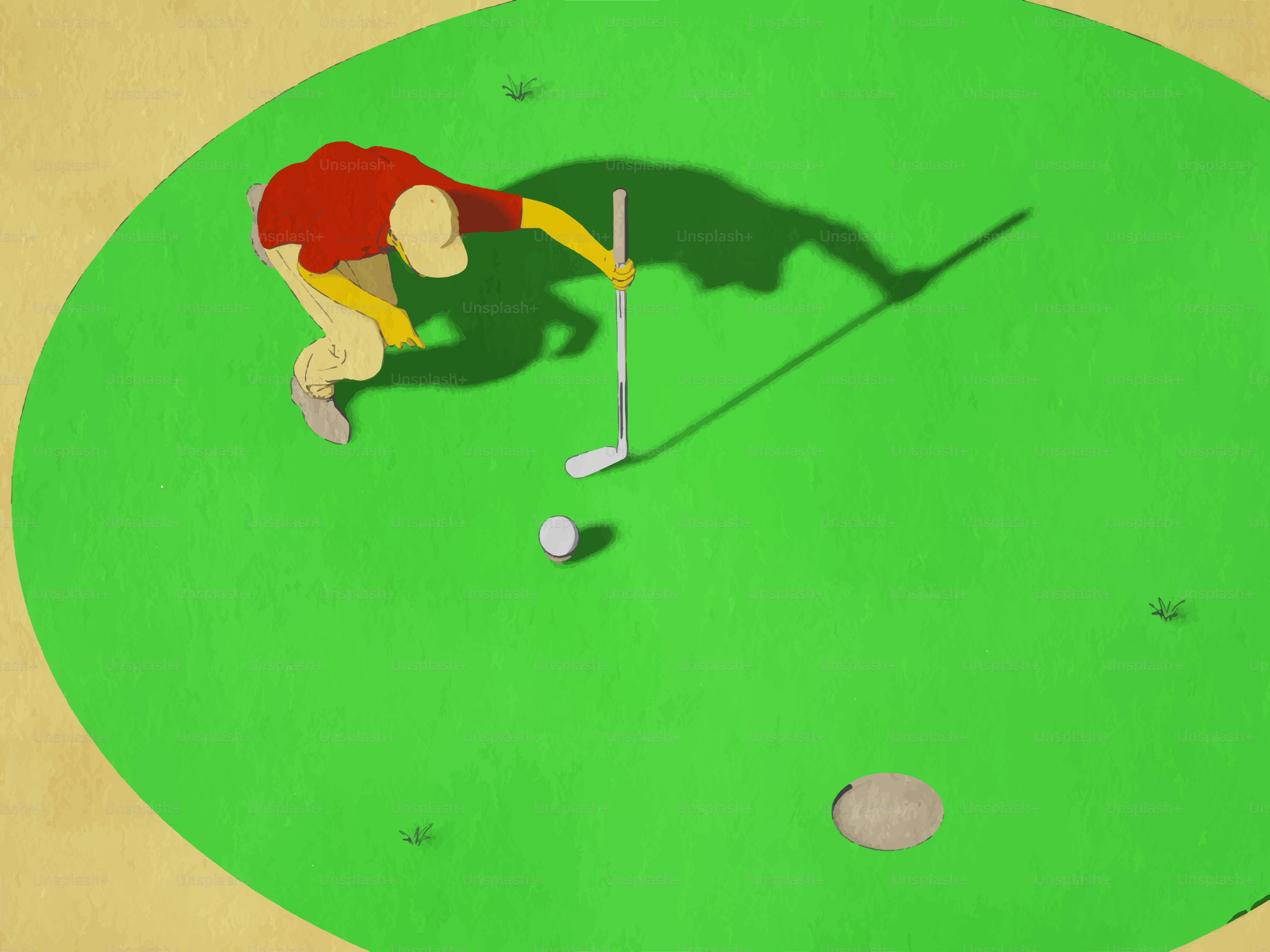 Golfer putting on a green with a shadow.