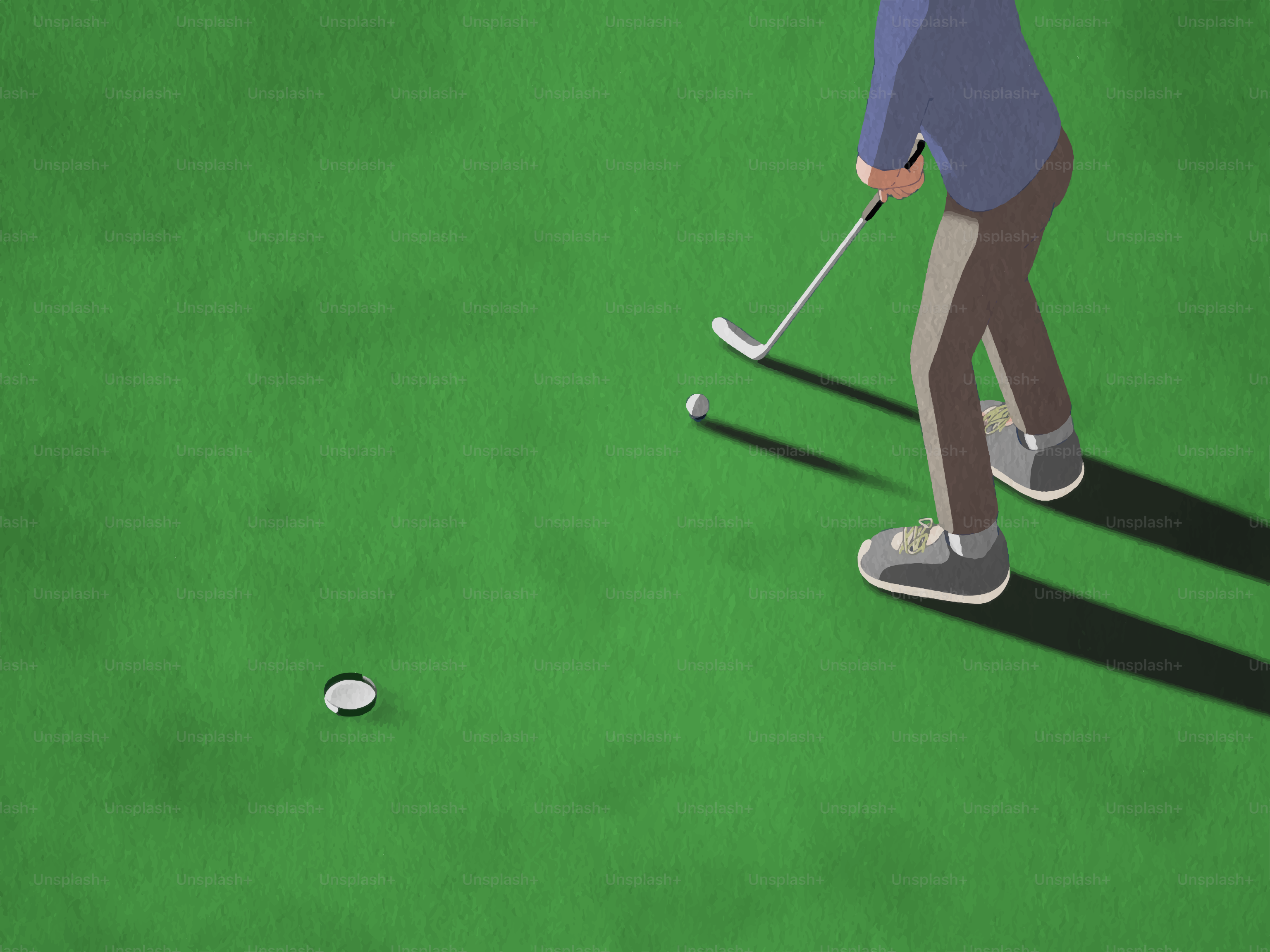 Golfer putting ball into hole on green.