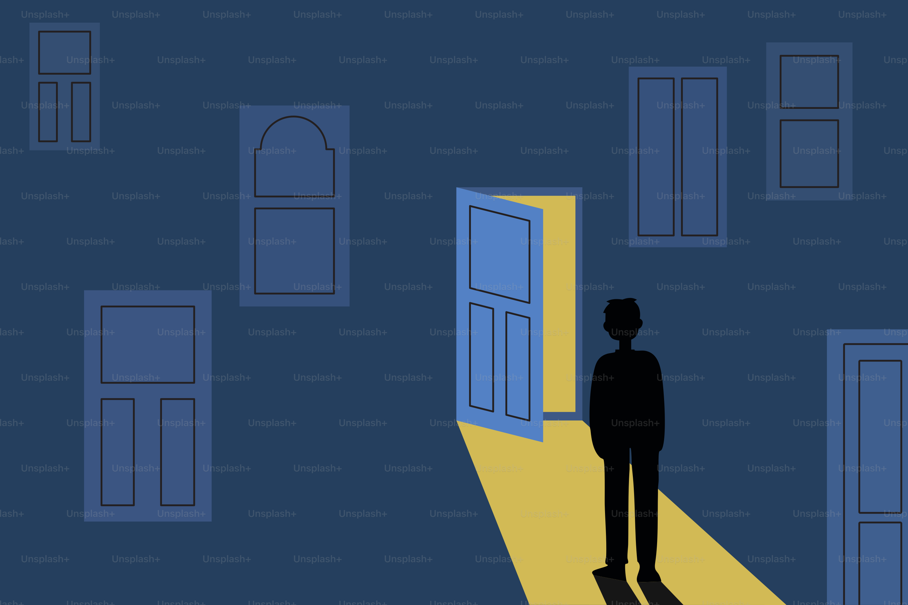 Silhouette of a person standing before an open door.