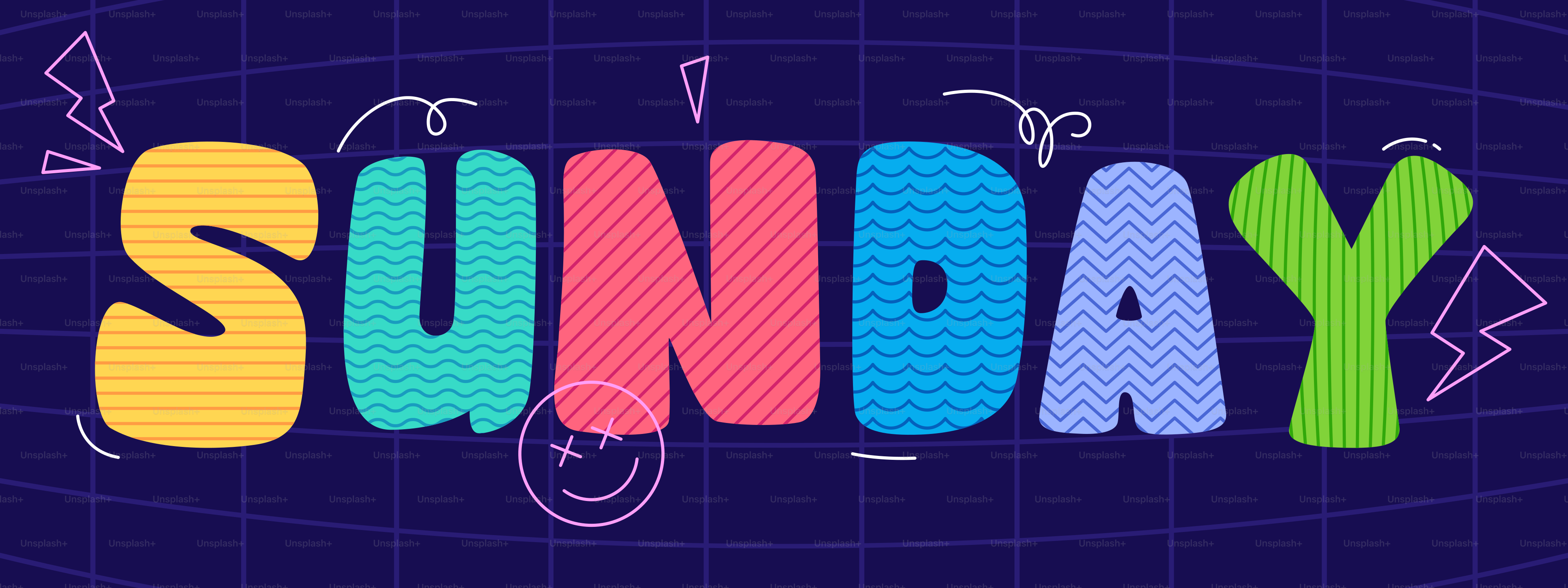 Texte coloré « dimanche » avec des gribouillis amusants