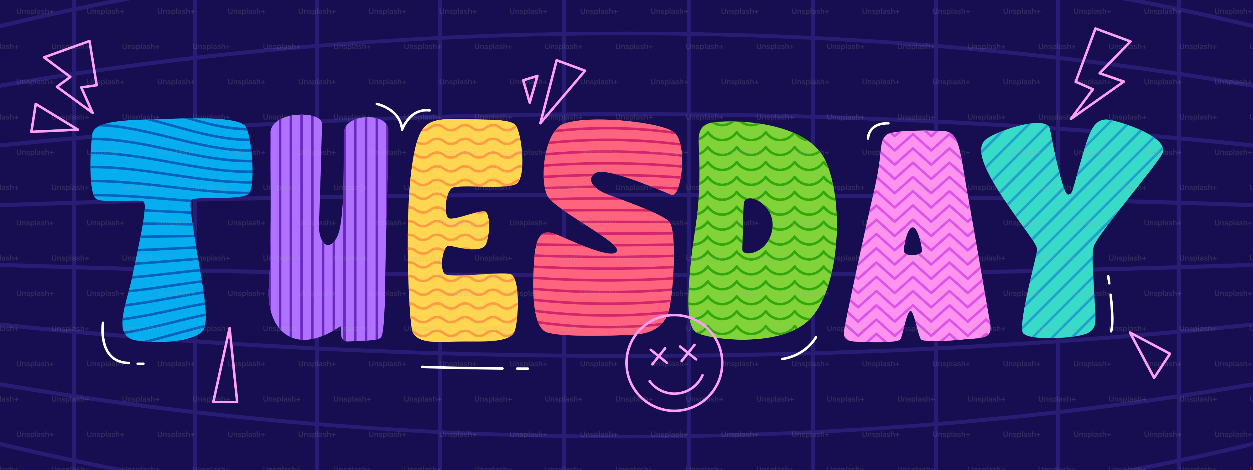 Un texte coloré « mardi » avec des décorations amusantes.