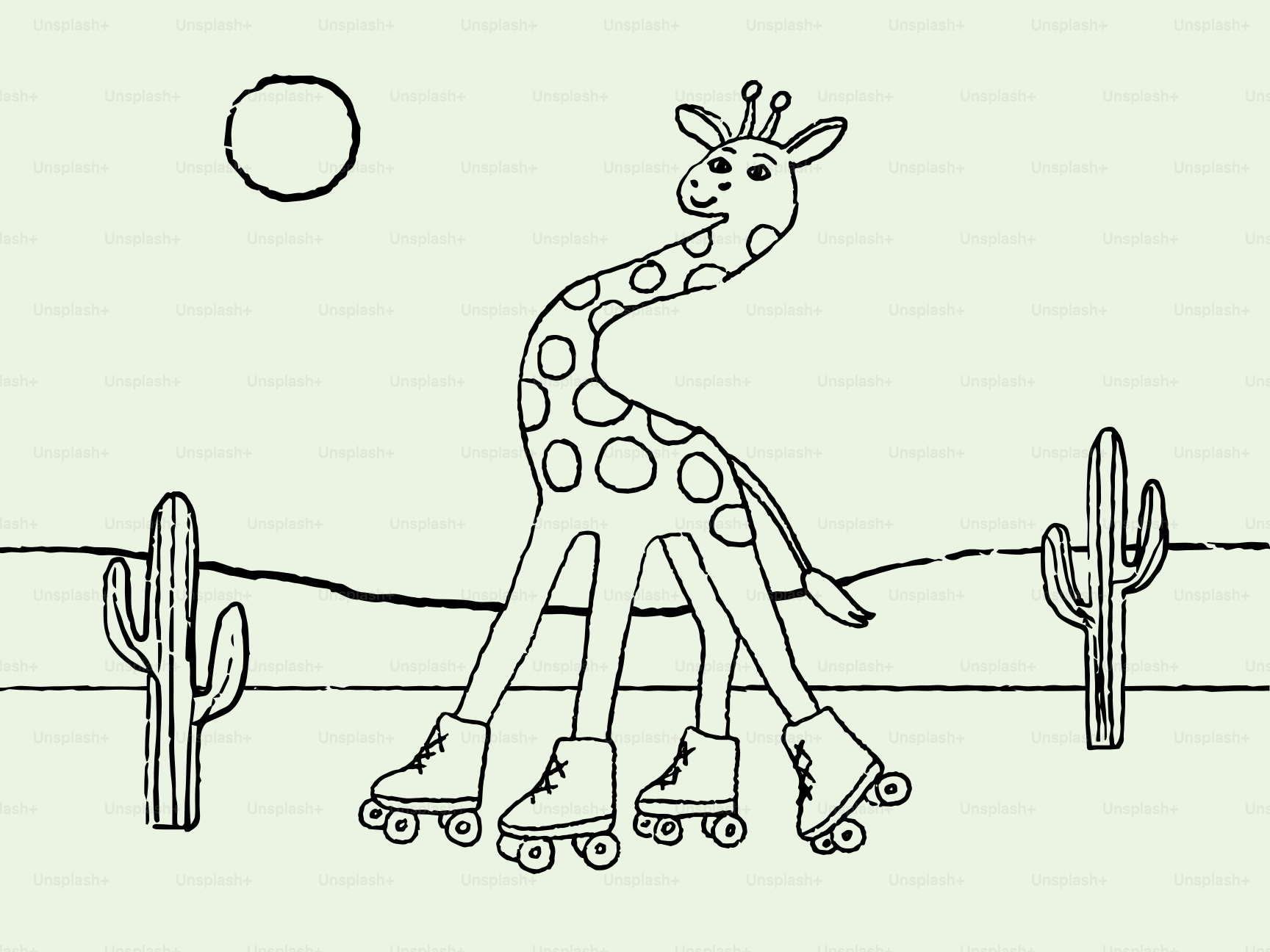 Girafe portant des patins à roulettes dans le désert