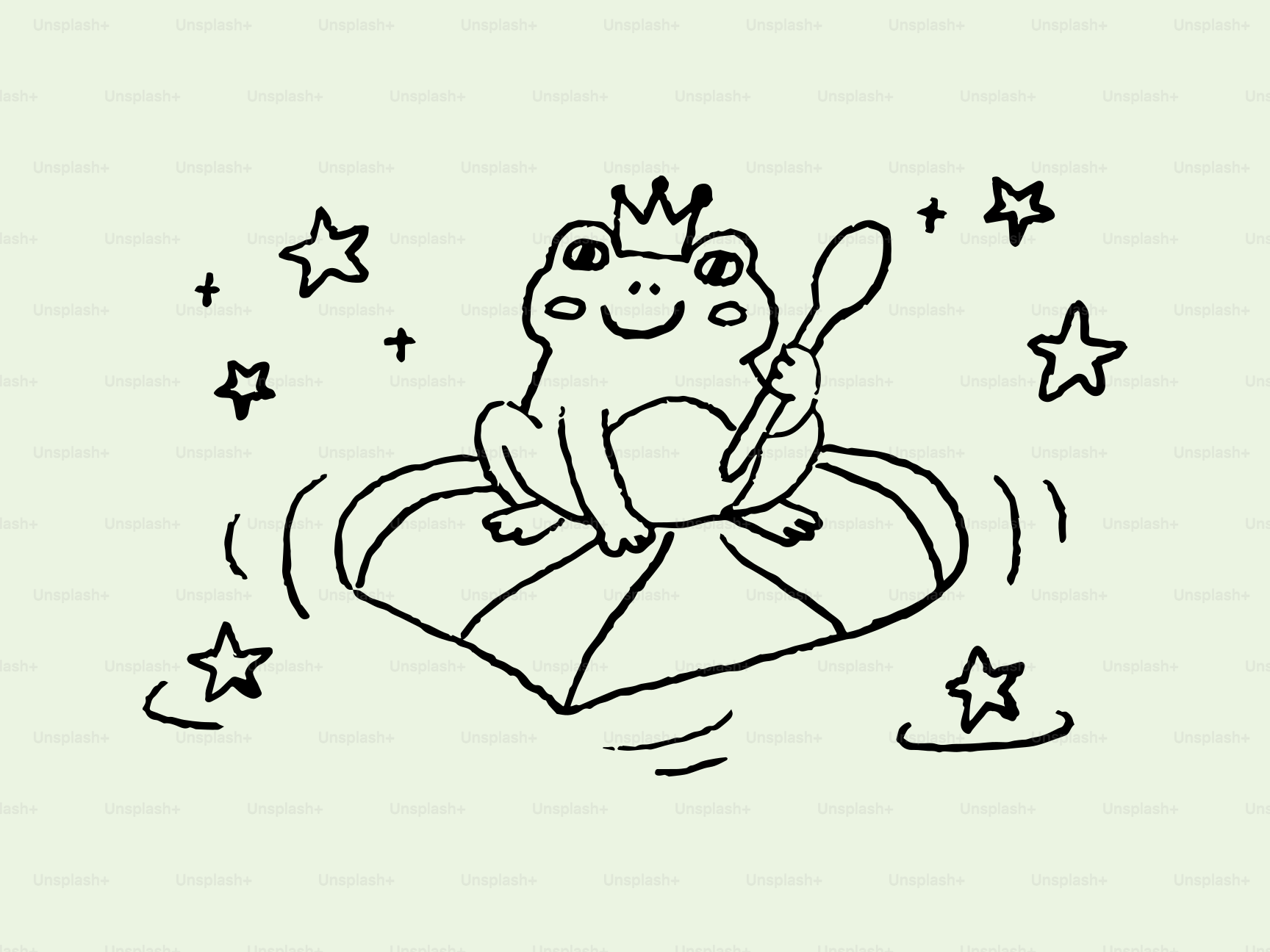 Une grenouille de dessins animés portant une couronne tient une cuillère.