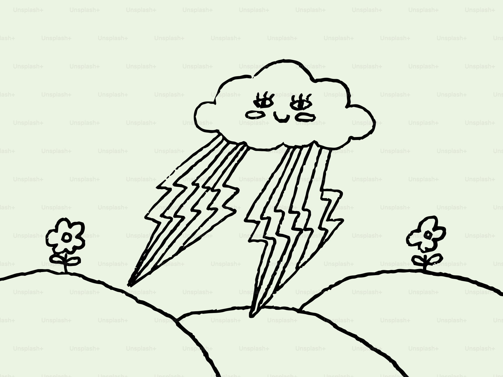 Nuage de dessin animé avec des éclairs sur les collines et les fleurs